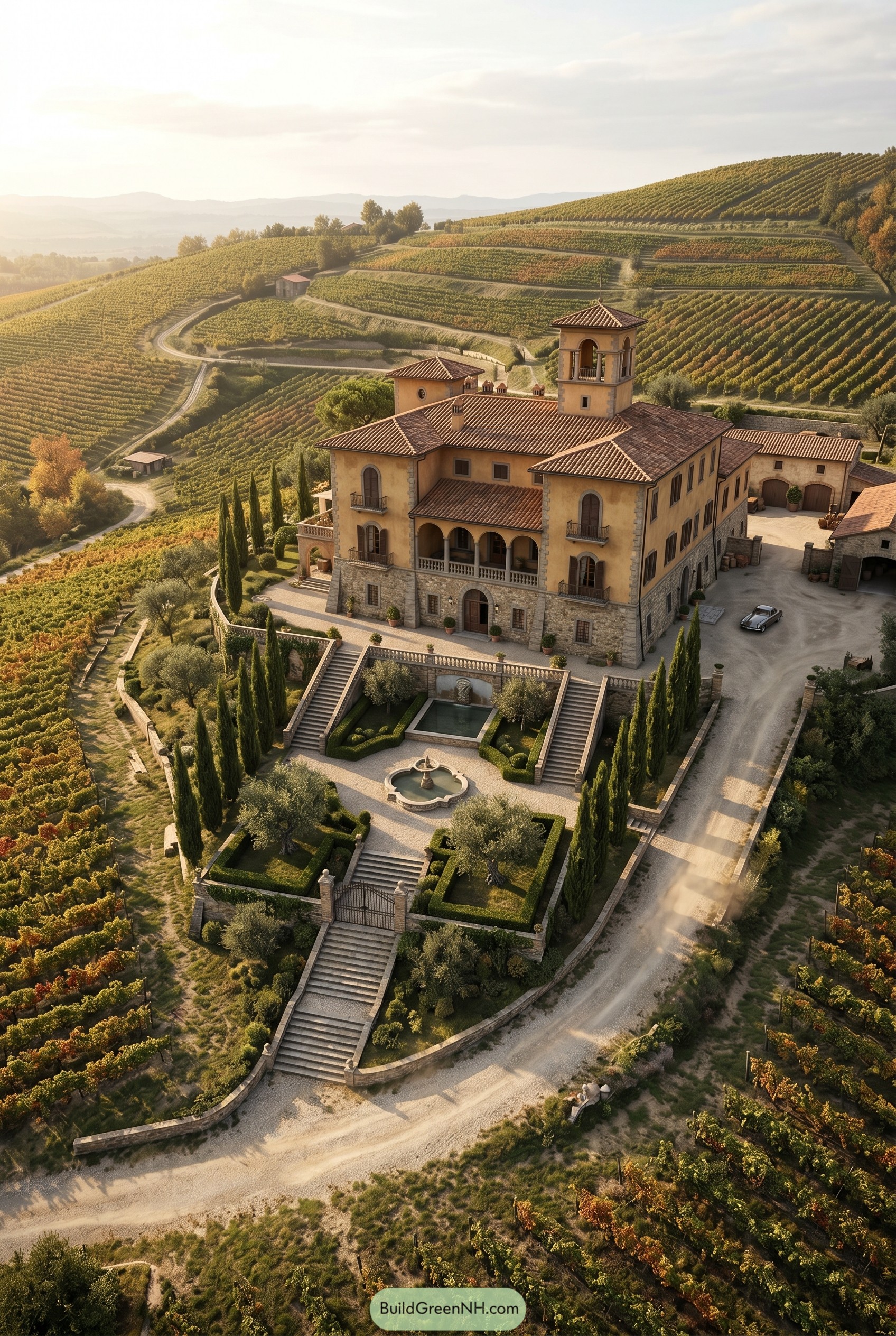 Tuscan villa surrounded by terraced vineyards