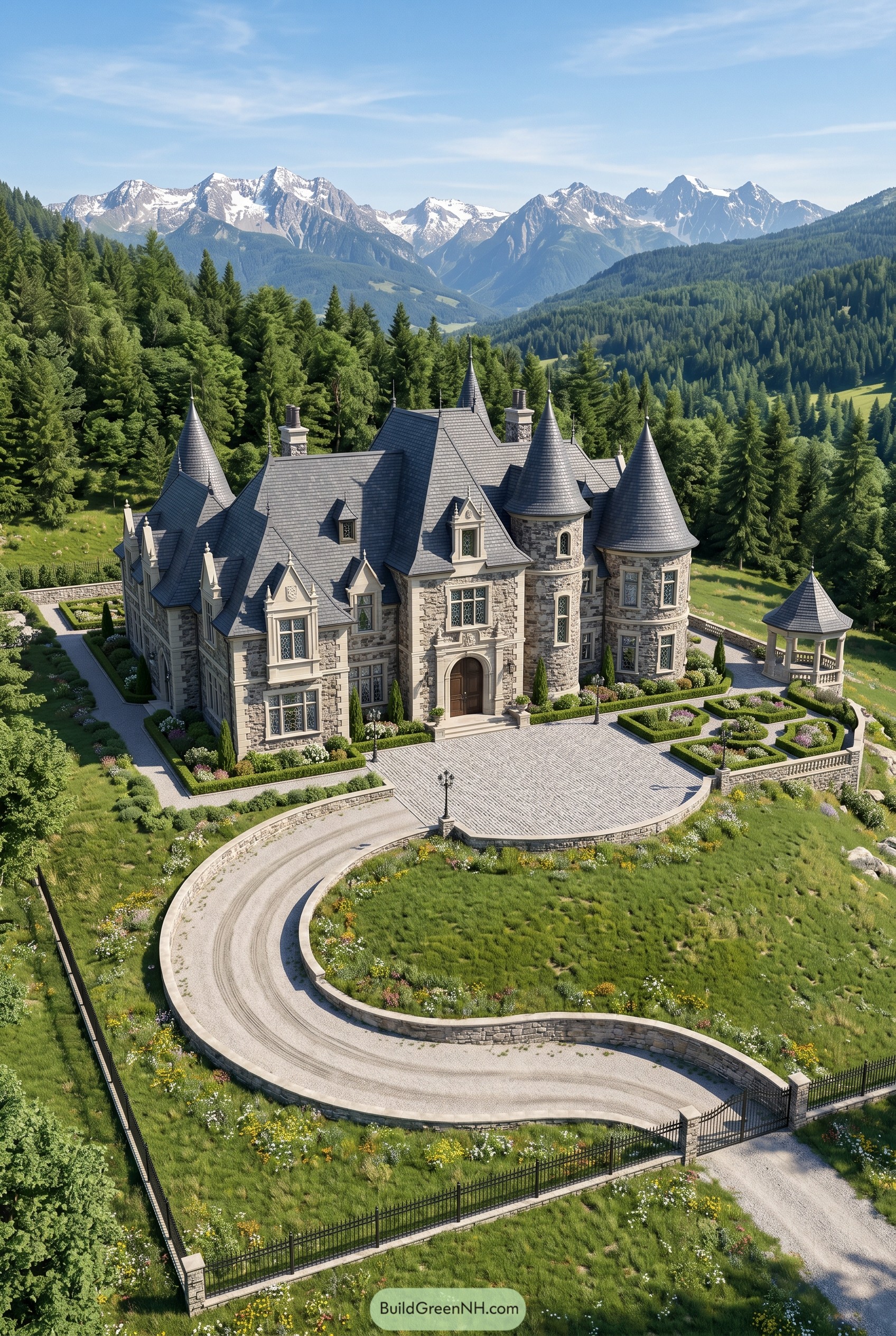 Stone turreted mansion beneath snowy peaks