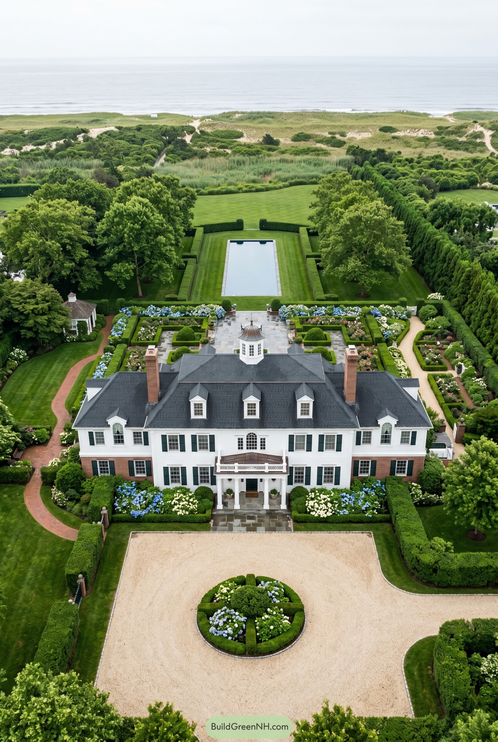 Coastal gambrel mansion with formal gardens and long pool