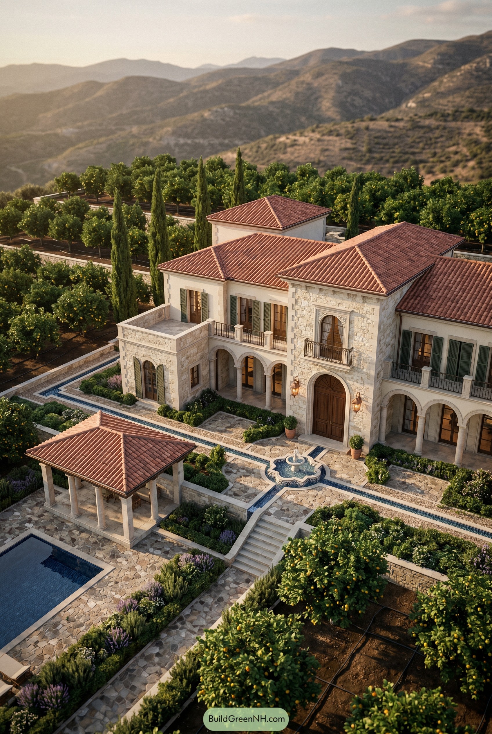 Stone Mediterranean mansion above citrus orchards
