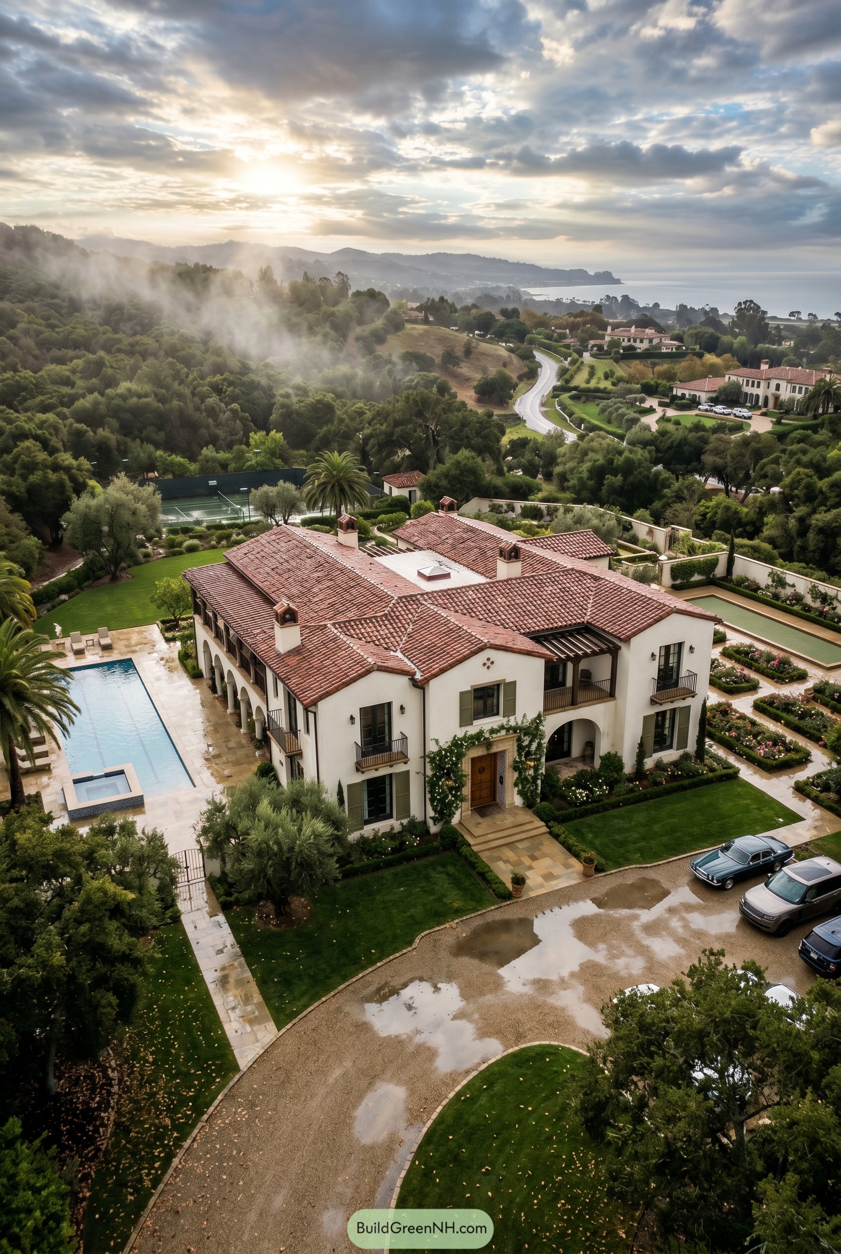 Aerial view of a white stucco Mediterranean mansion with a red tile roof pool and formal gardens