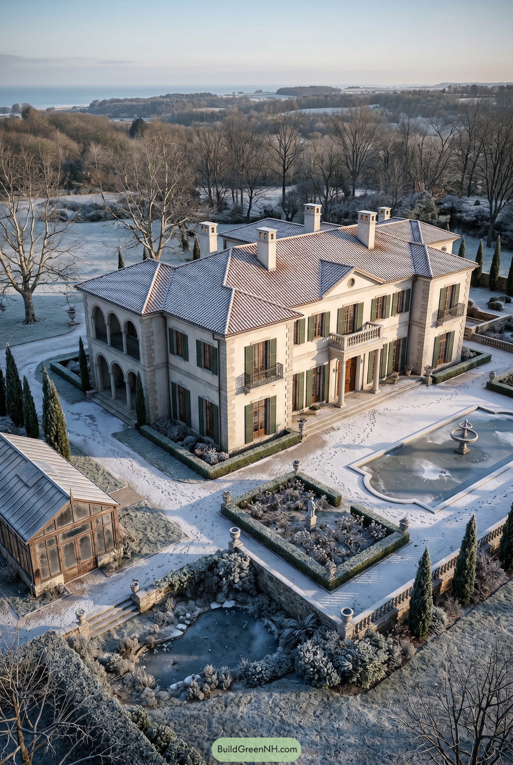 Snowy Mediterranean mansion with formal garden and fountain