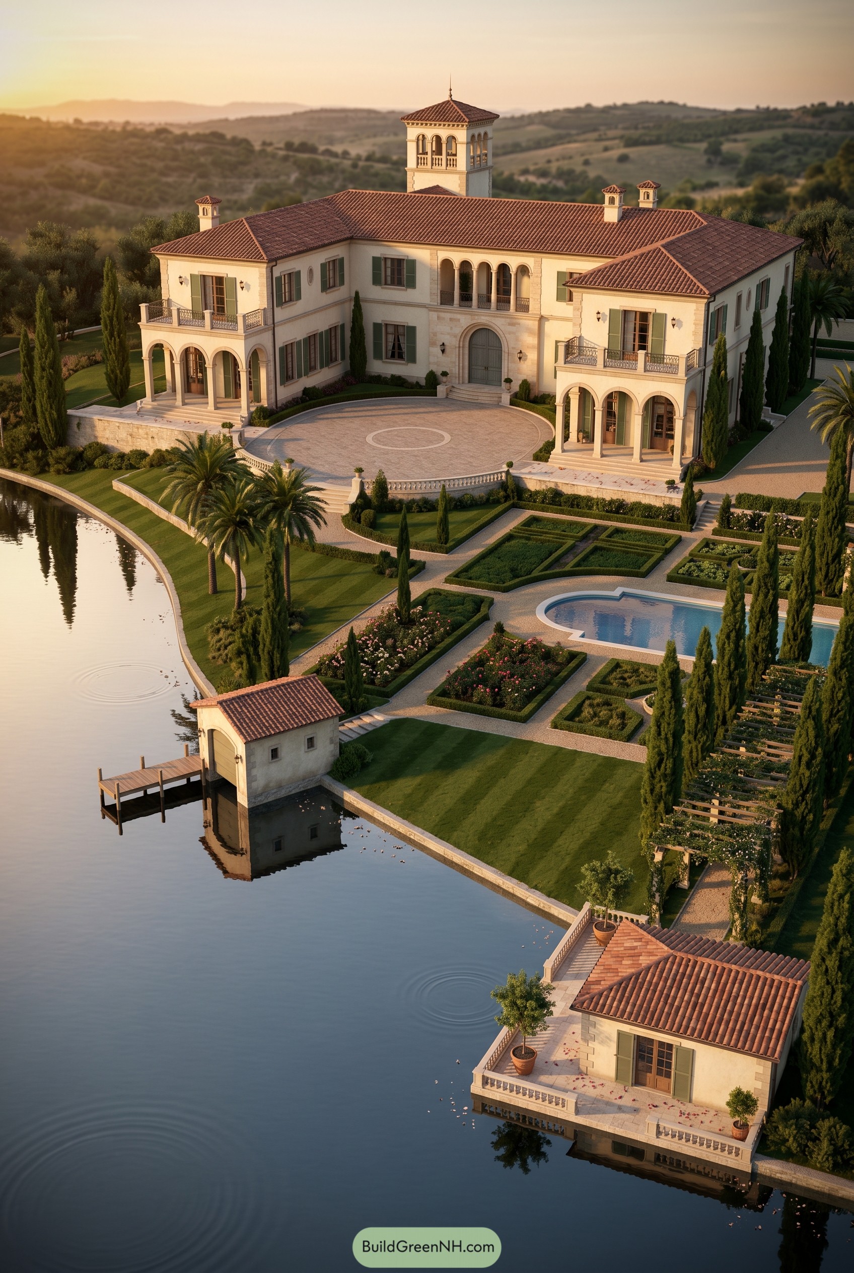 Mediterranean lakeside mansion with tower and formal gardens