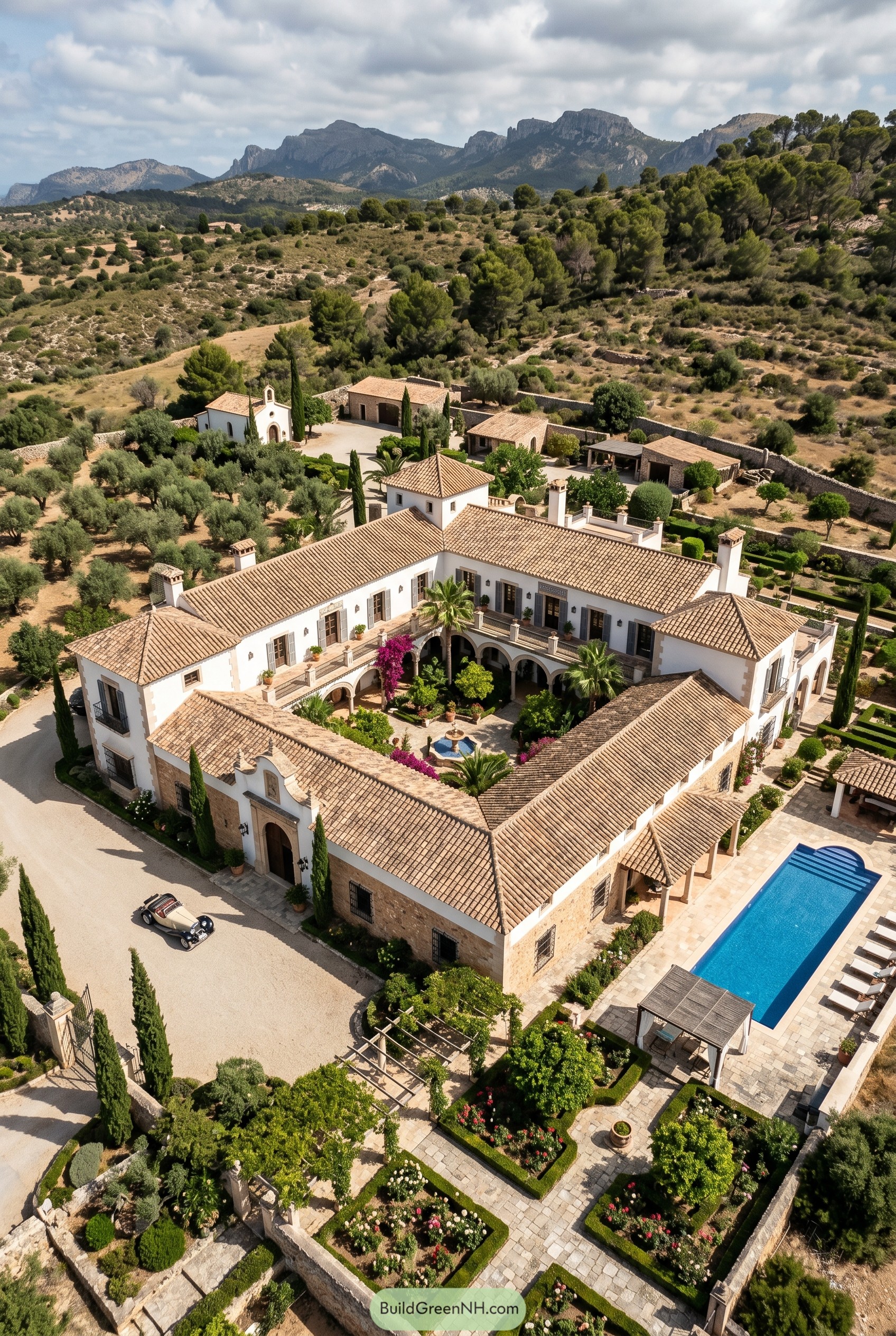 Aerial view of a walled Mediterranean mansion with courtyard and pool