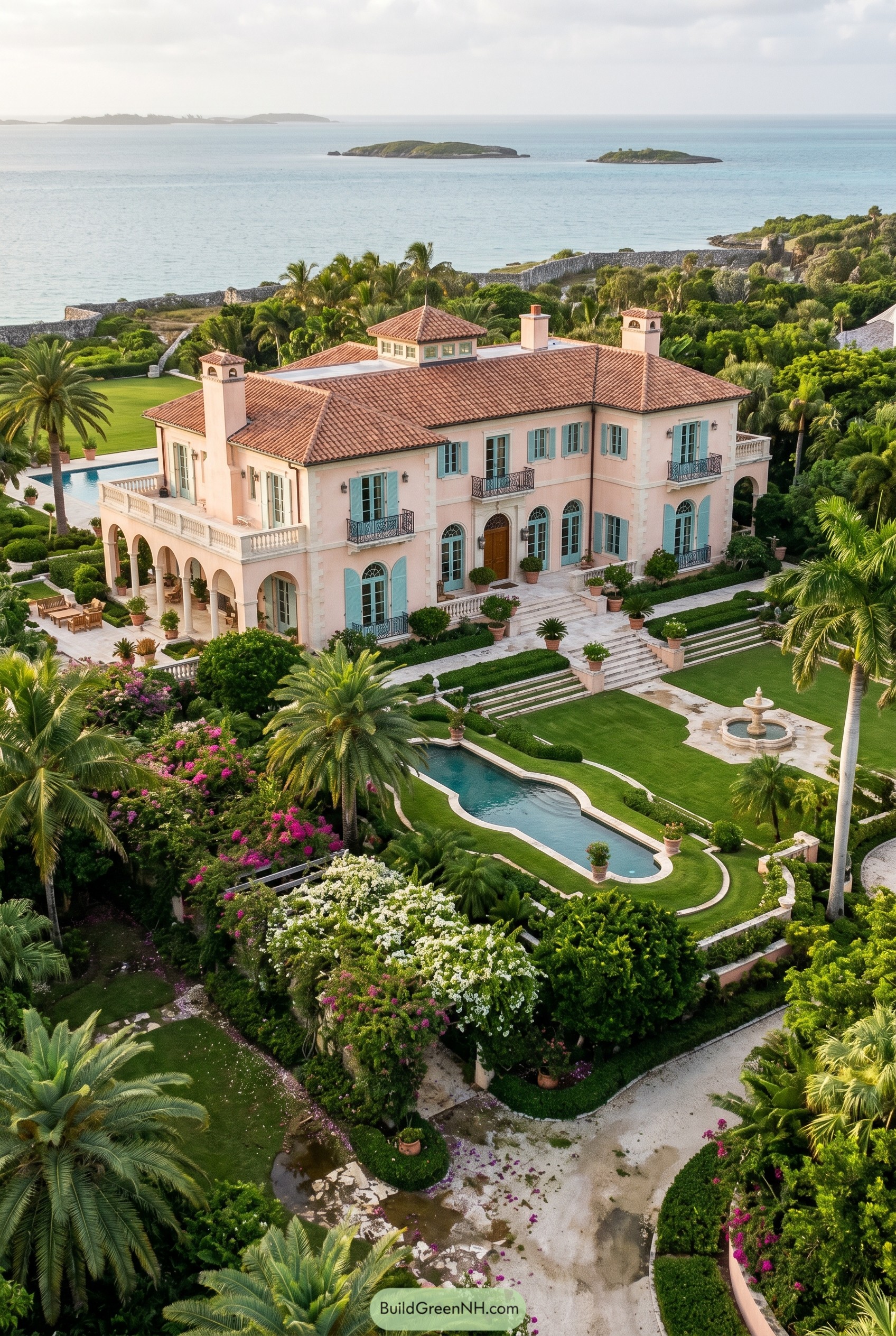 Pink Mediterranean mansion with pool by the sea