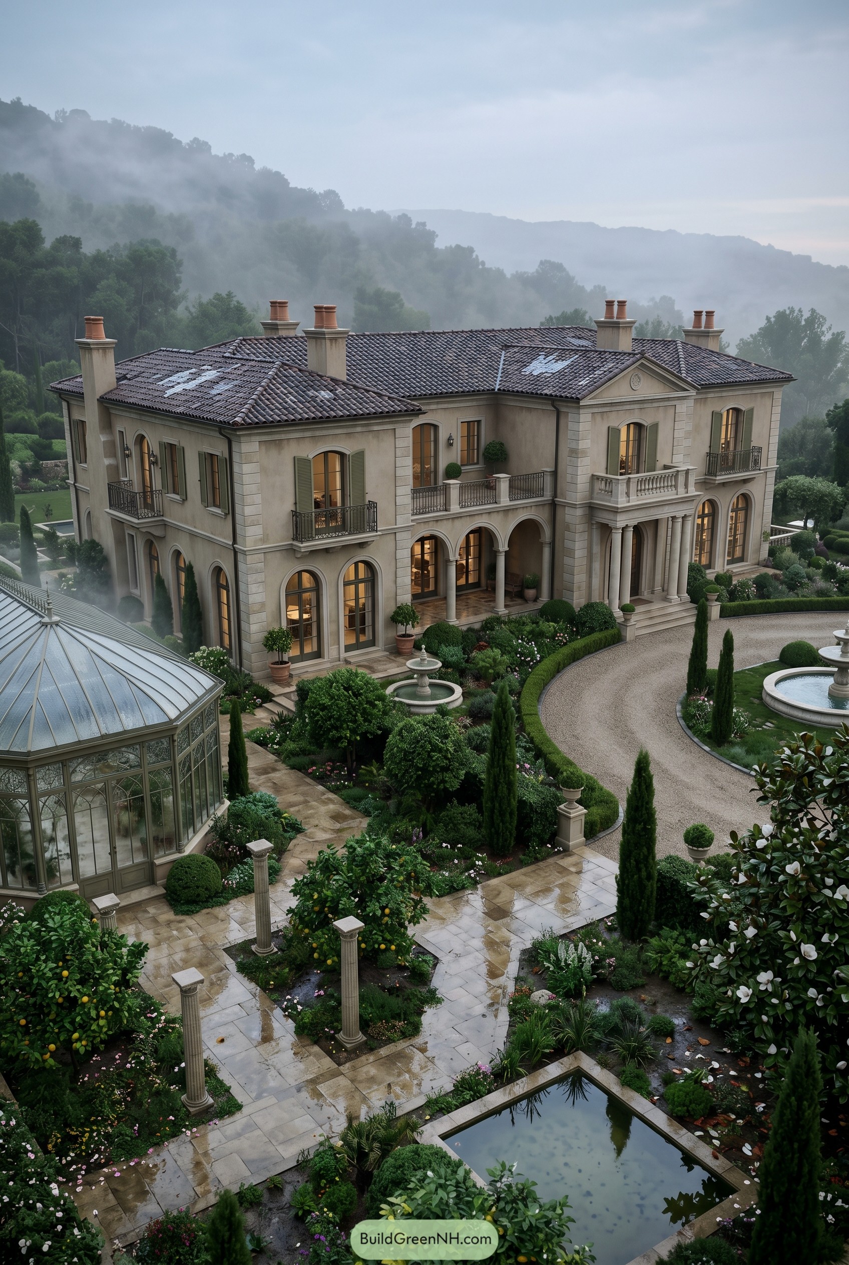 Mediterranean mansion with conservatory and formal garden