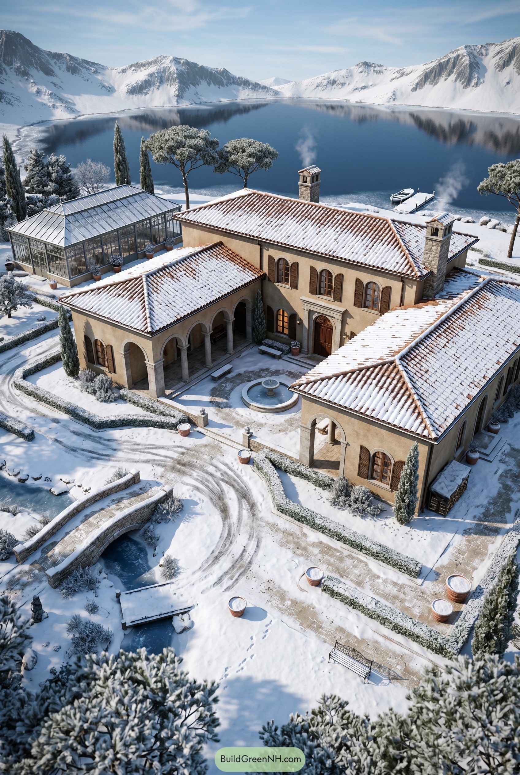Snow covered Mediterranean villa beside a mountain lake