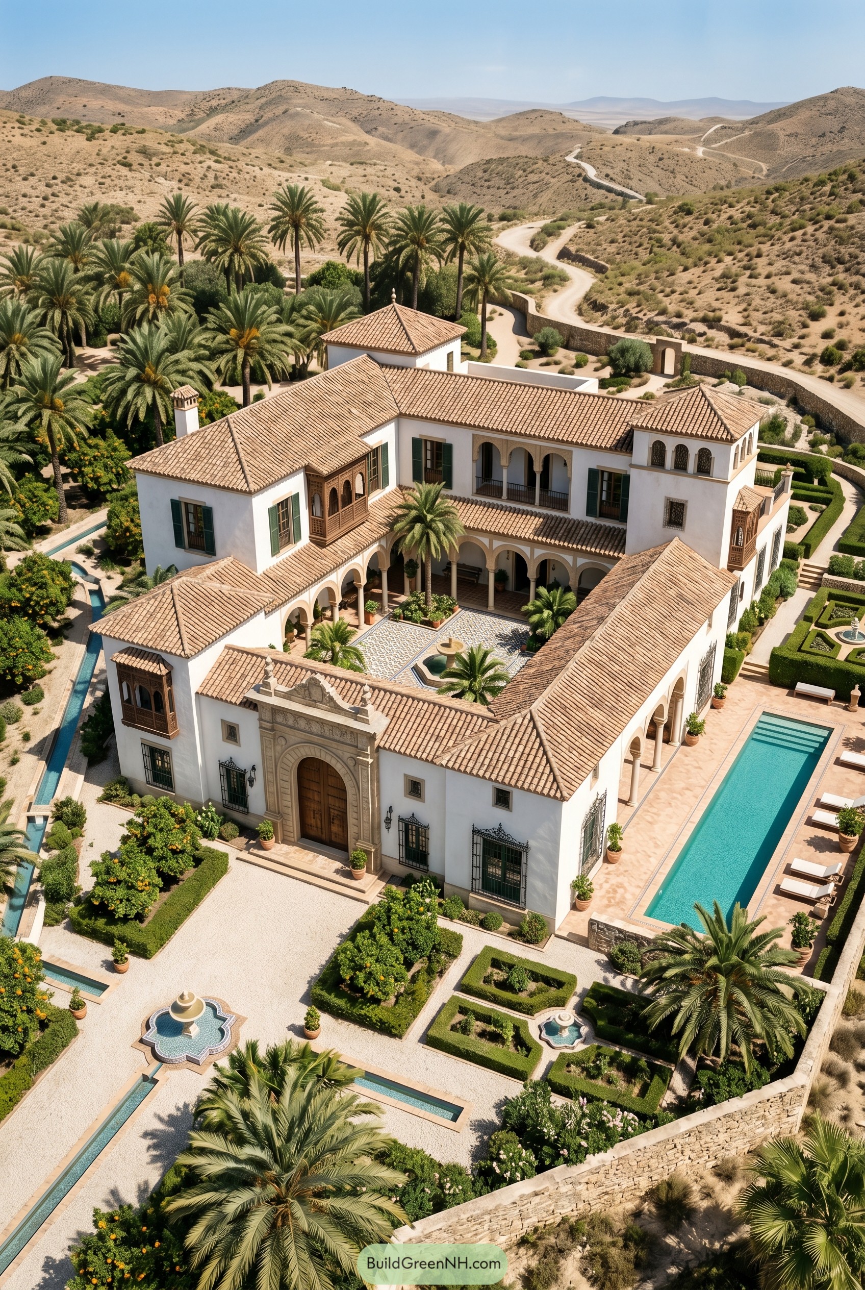 White stucco courtyard mansion with desert palms and lap pool