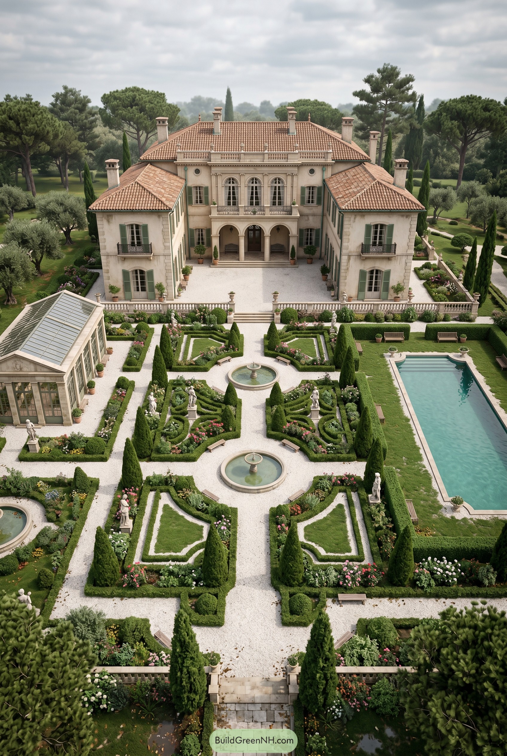Mediterranean manor with formal parterre garden and pool