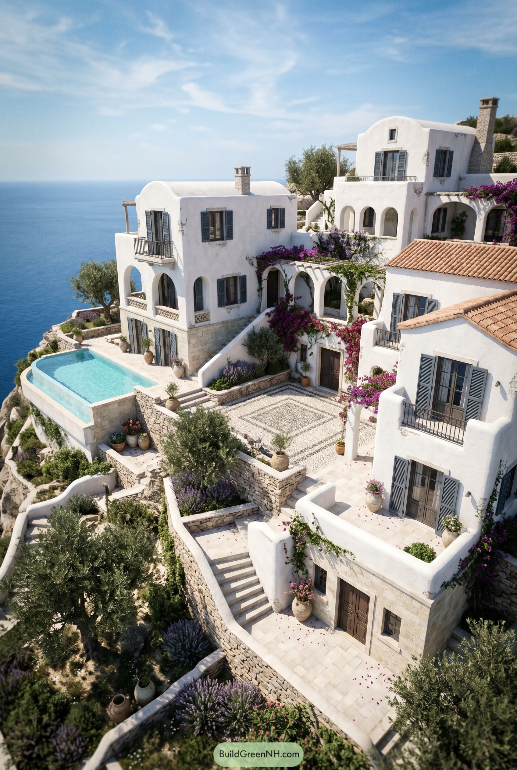 White cliffside Mediterranean villa with infinity pool