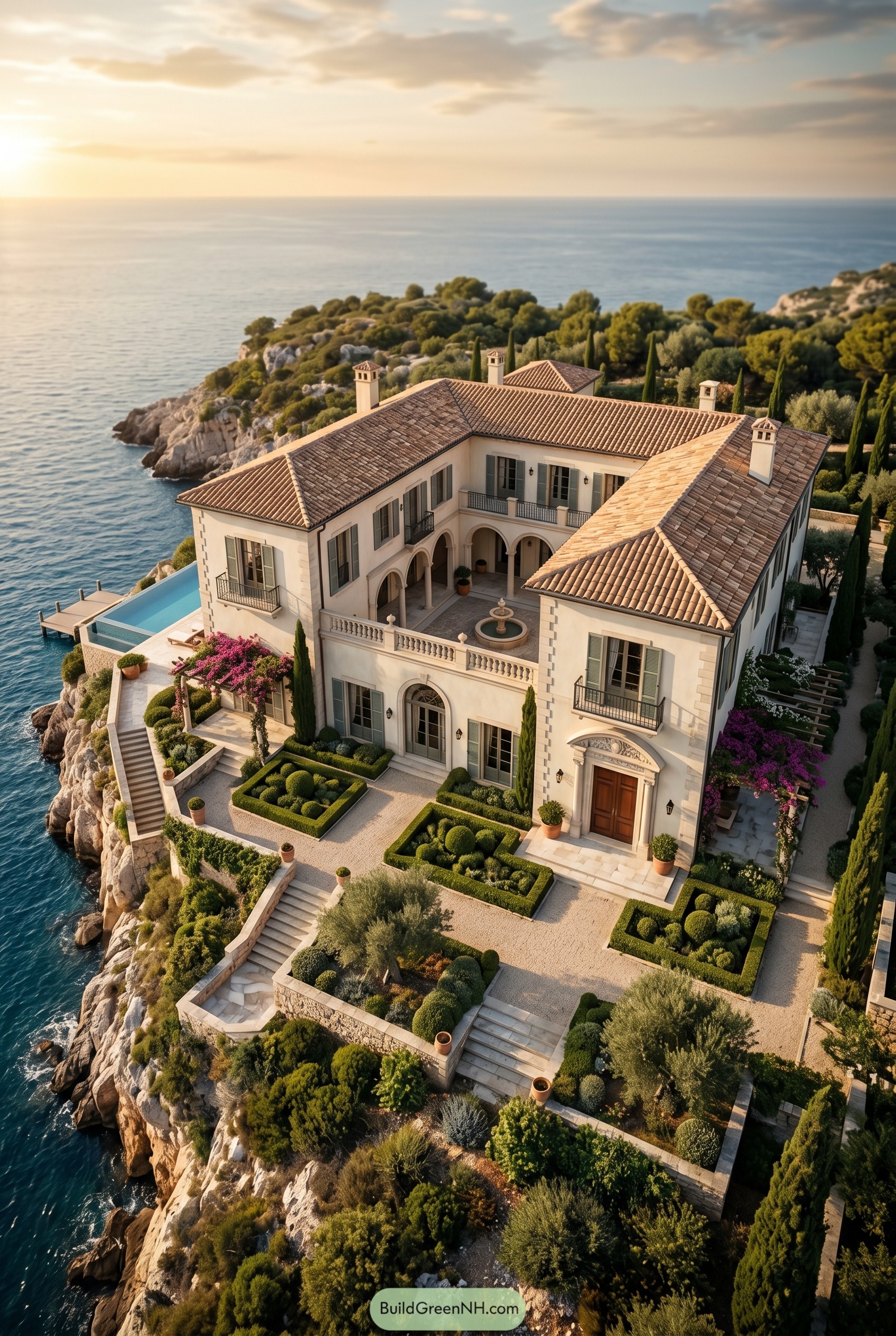 Mediterranean cliffside mansion with courtyard and pool