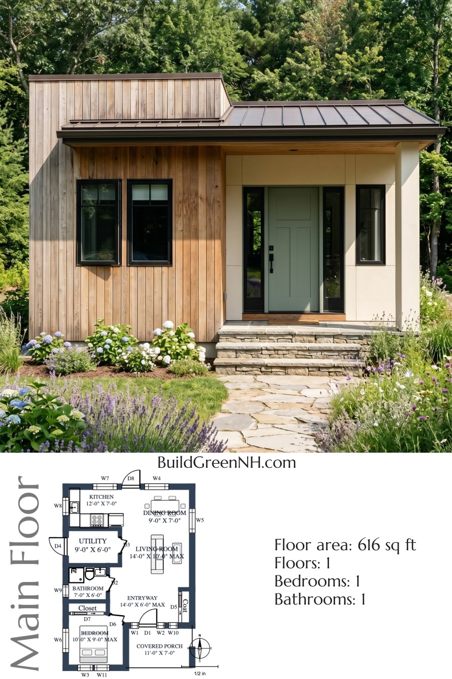 Single Floor, 1 Bed, 1 Bath, 616 sq. ft., Small Modern House Floor Plans: Cedar Cottage Rectangle