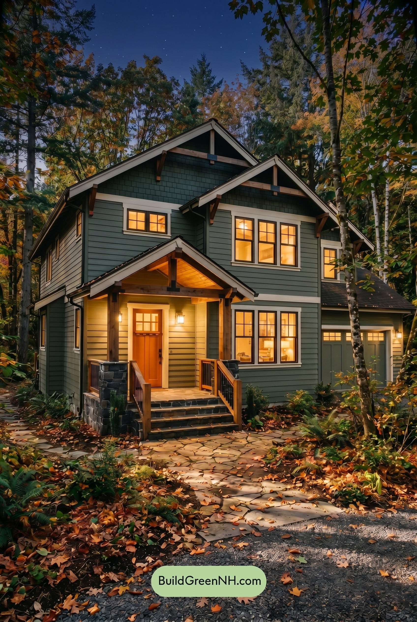 Single Story, 0 Beds, 0 Baths, 0 sq. ft., Sage Green Based Craftsman House Exterior Color Scheme: Cedar Shade Retreat - Nighttime