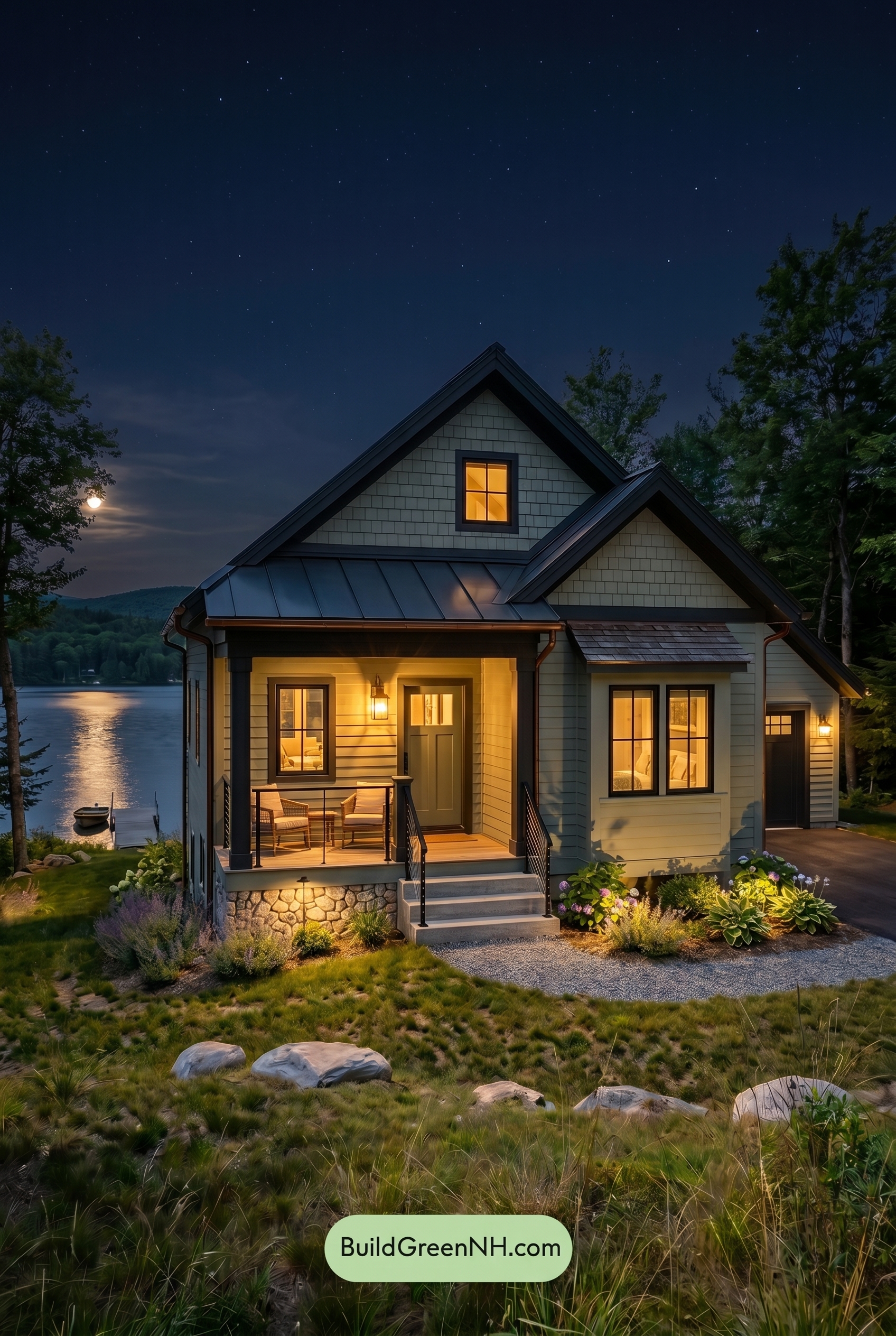 Single Story, 0 Beds, 0 Baths, 0 sq. ft., Sage Green Based Craftsman House Exterior Color Scheme: Dusty Green, Charcoal, Copper Brown - Nighttime