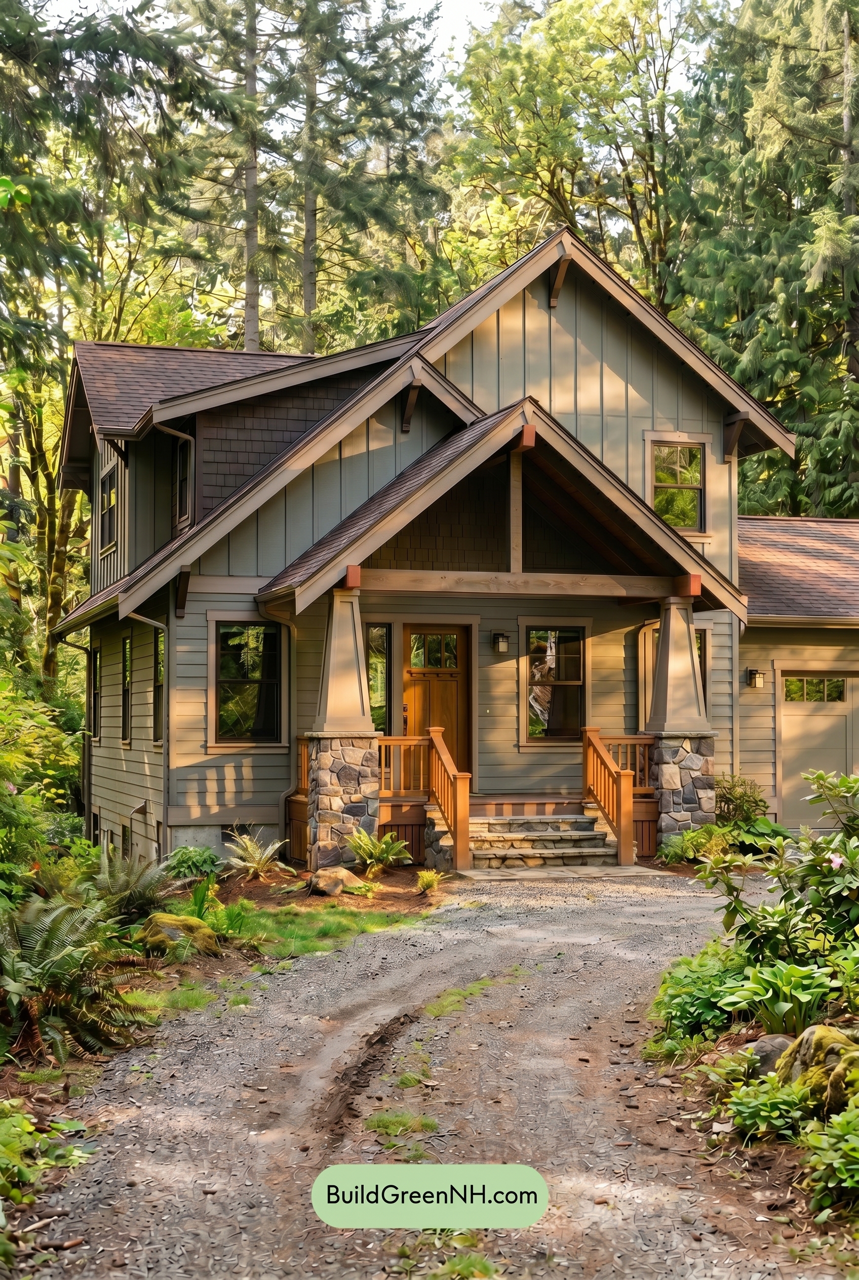 Single Story, 0 Beds, 0 Baths, 0 sq. ft., Sage Green Based Craftsman House Exterior Color Scheme: Gray Green, Clay, Warm Wood - Golden Hour