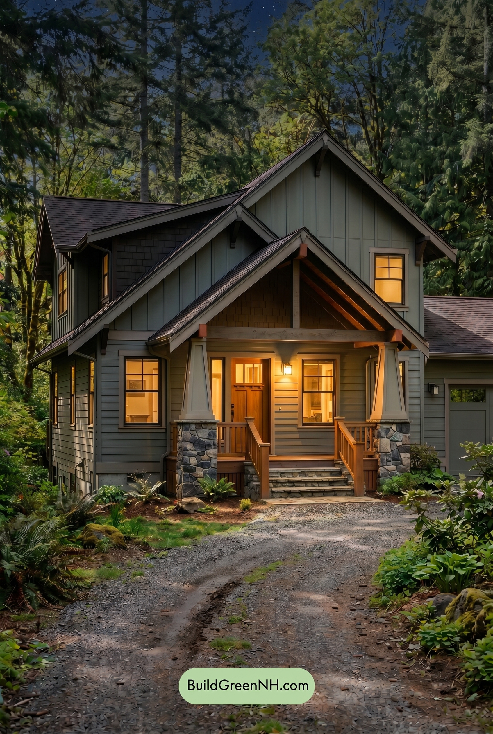 Single Story, 0 Beds, 0 Baths, 0 sq. ft., Sage Green Based Craftsman House Exterior Color Scheme: Gray Green, Clay, Warm Wood - Nighttime