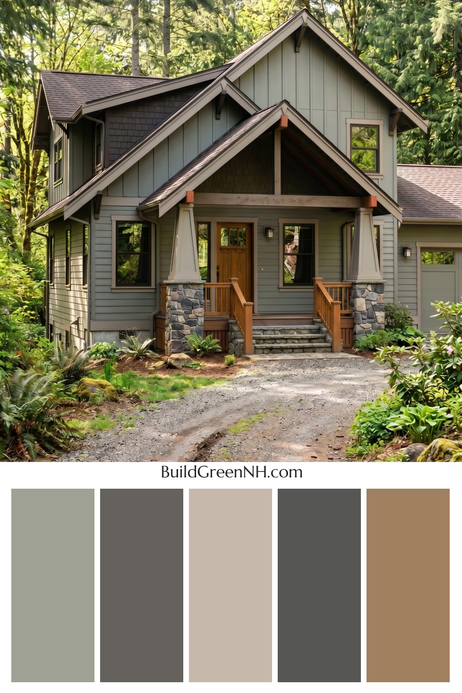 Single Story, 0 Beds, 0 Baths, 0 sq. ft., Sage Green Based Craftsman House Exterior Color Scheme: Gray Green, Clay, Warm Wood