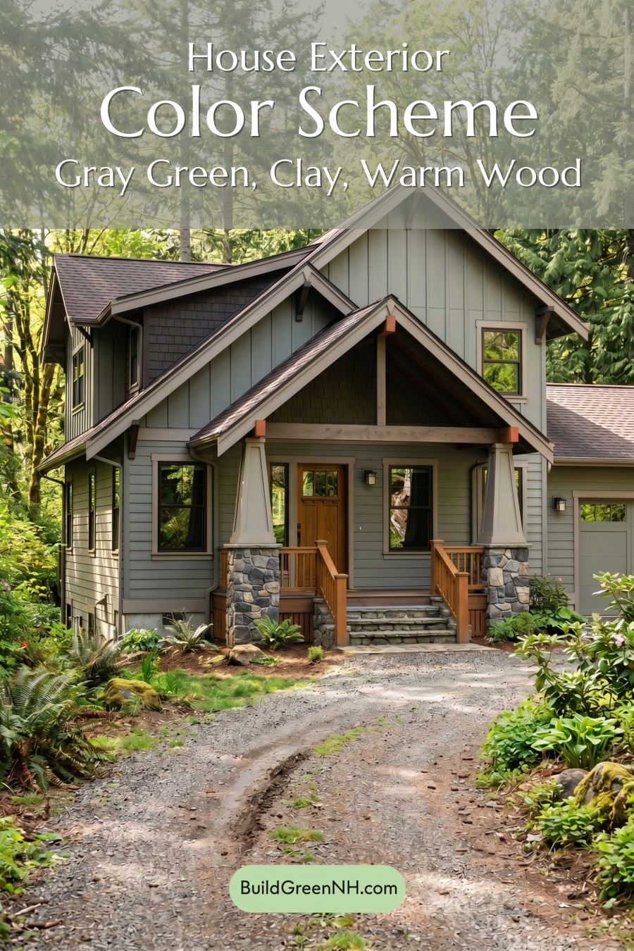 Single Story, 0 Beds, 0 Baths, 0 sq. ft., Sage Green Based Craftsman House Exterior Color Scheme: Gray Green, Clay, Warm Wood