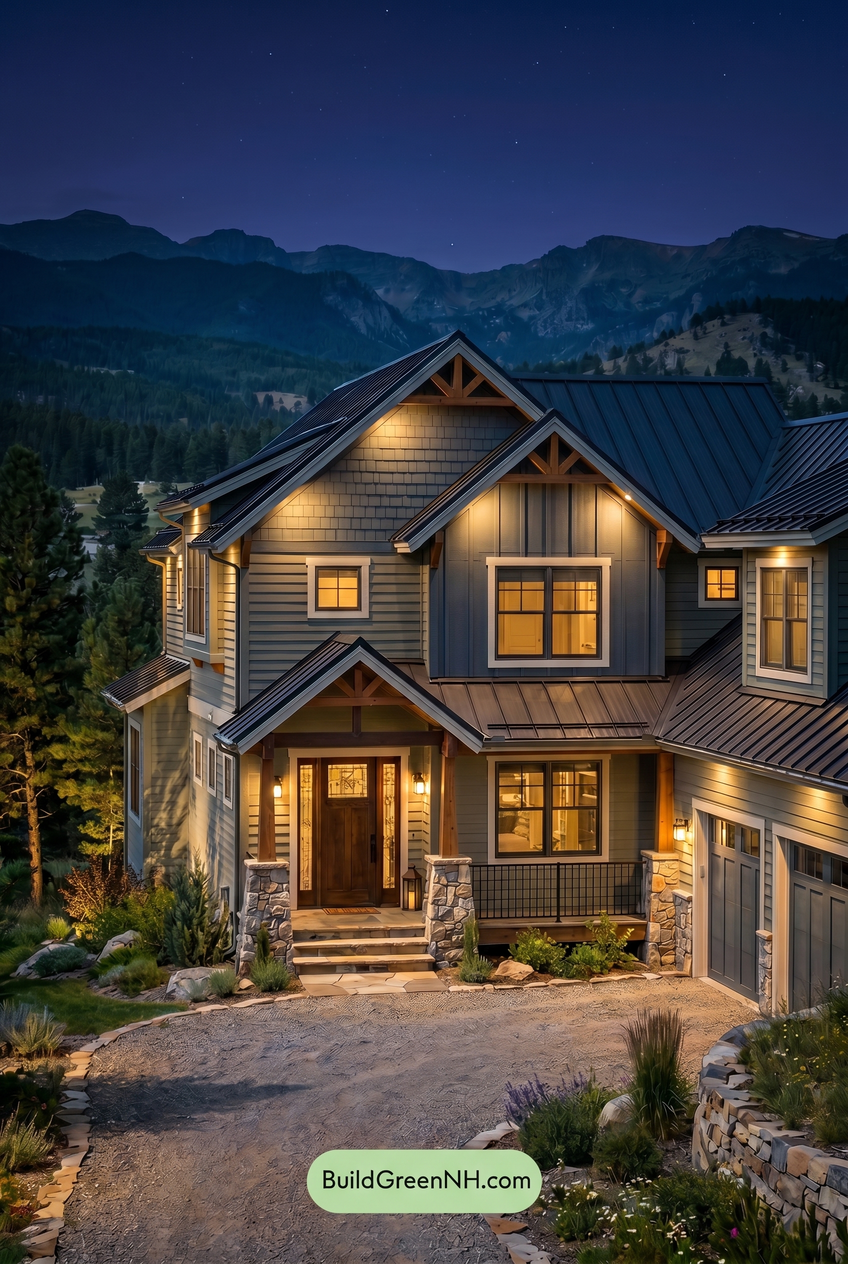 Single Story, 0 Beds, 0 Baths, 0 sq. ft., Sage Green Based Craftsman House Exterior Color Scheme: Highland Hearthline - Nighttime