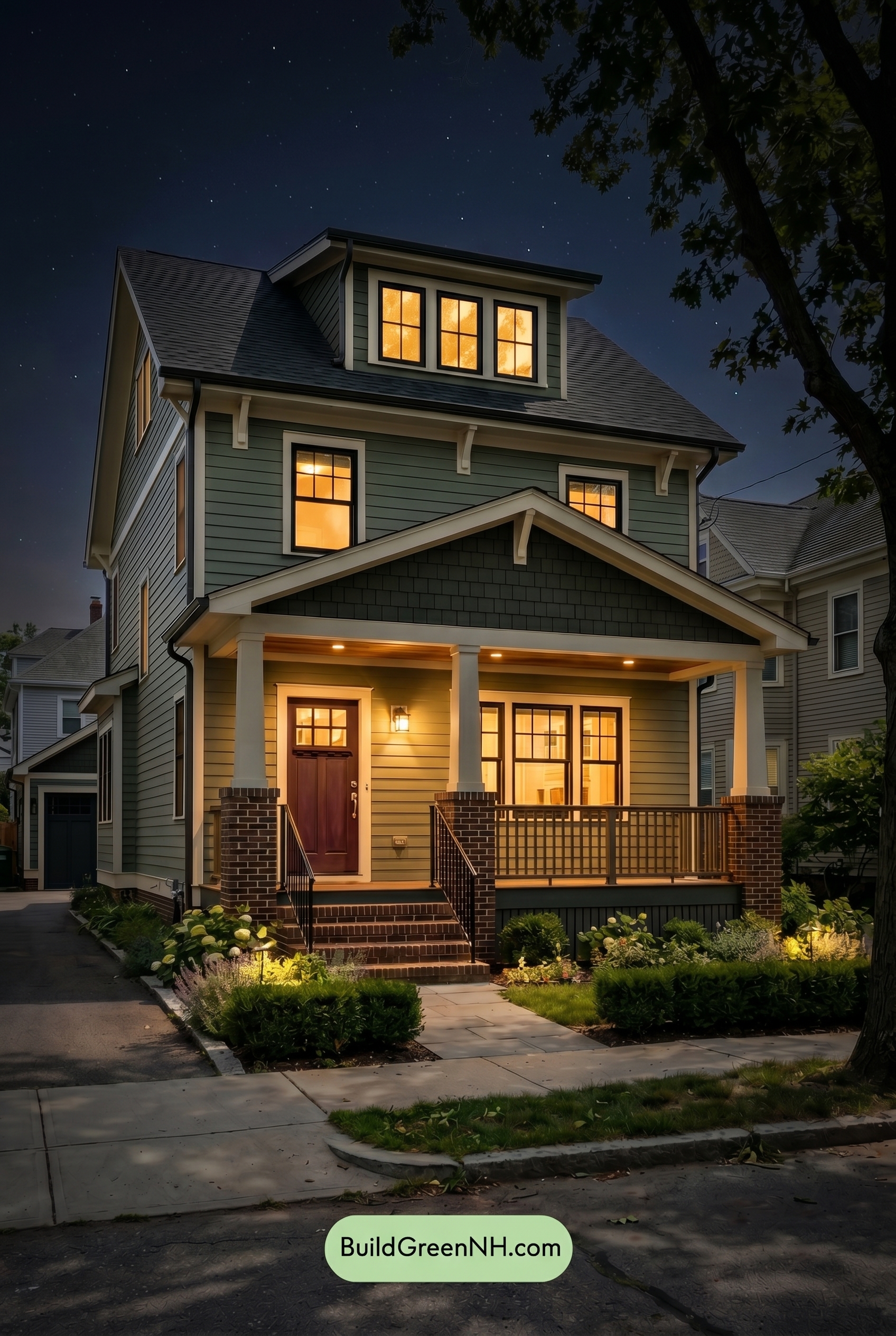 Single Story, 0 Beds, 0 Baths, 0 sq. ft., Sage Green Based Craftsman House Exterior Color Scheme: Main Street Softness - Nighttime