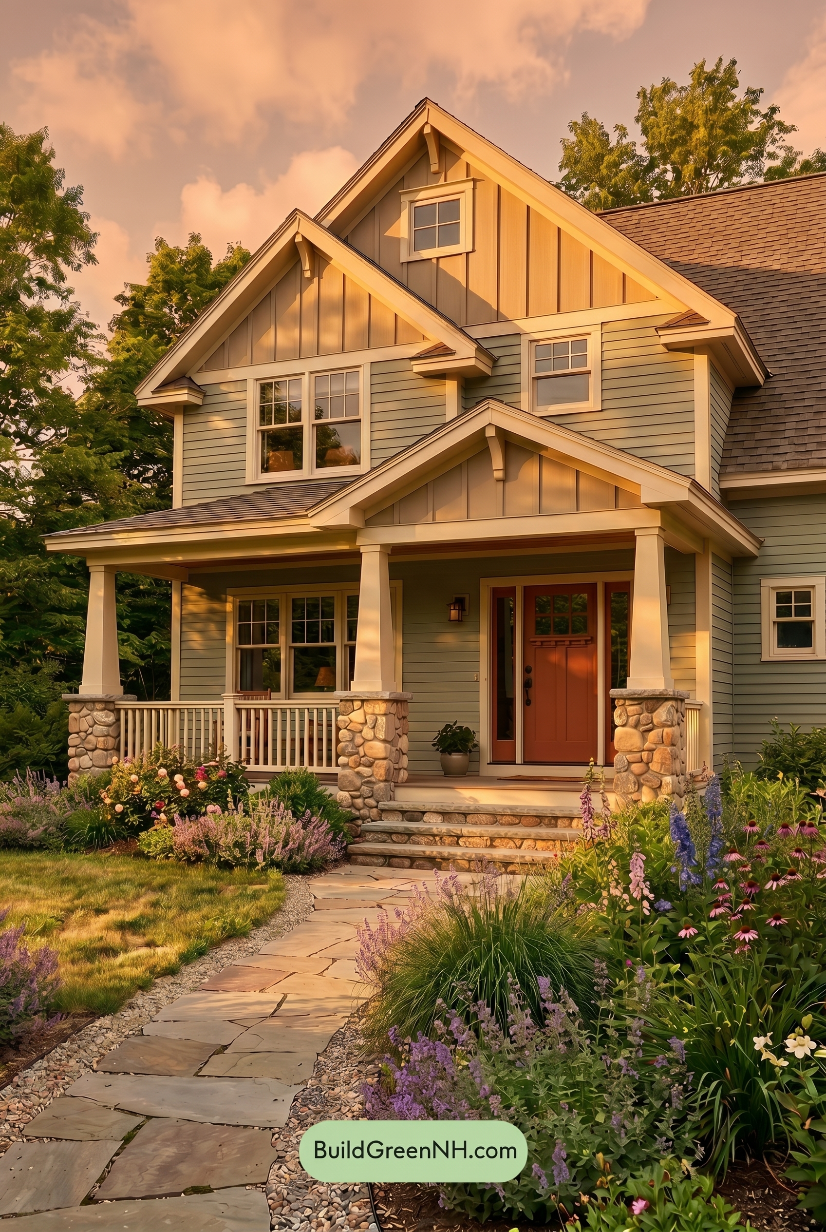 Single Story, 0 Beds, 0 Baths, 0 sq. ft., Sage Green Based Craftsman House Exterior Color Scheme: Meadow Porch Stillness - Golden Hour