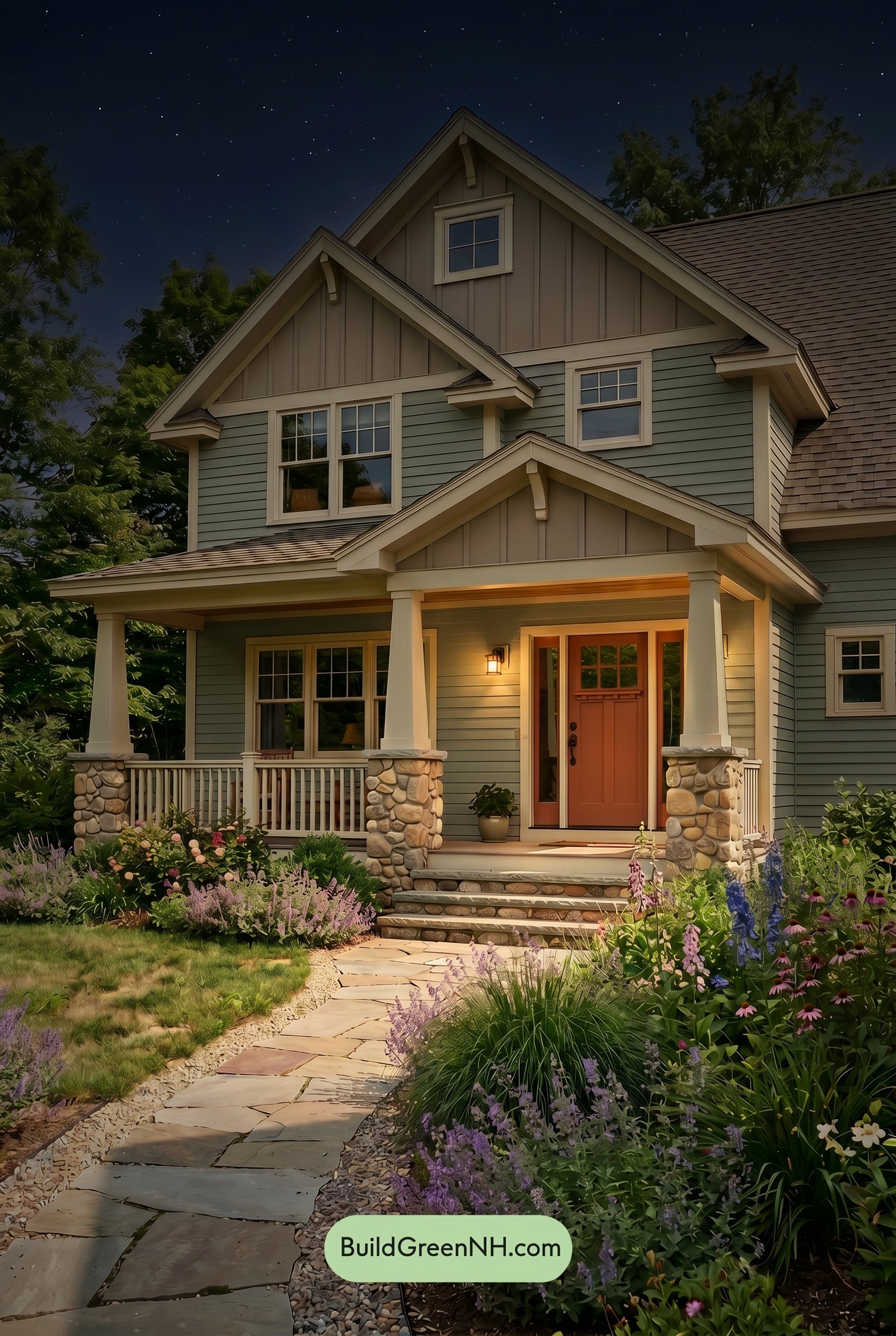 Single Story, 0 Beds, 0 Baths, 0 sq. ft., Sage Green Based Craftsman House Exterior Color Scheme: Meadow Porch Stillness - Nighttime