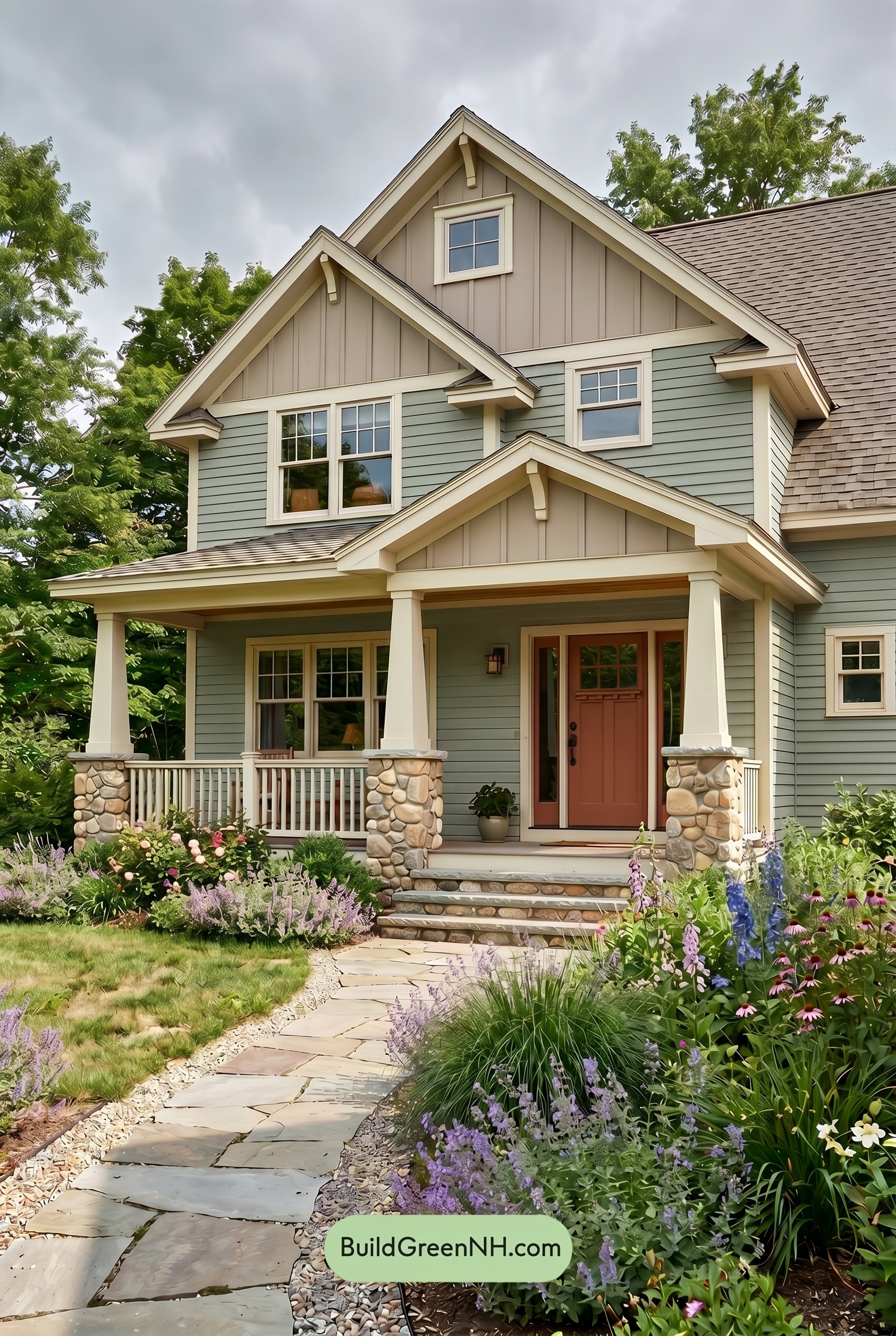 Single Story, 0 Beds, 0 Baths, 0 sq. ft., Sage Green Based Craftsman House Exterior Color Scheme: Meadow Porch Stillness - Overcast
