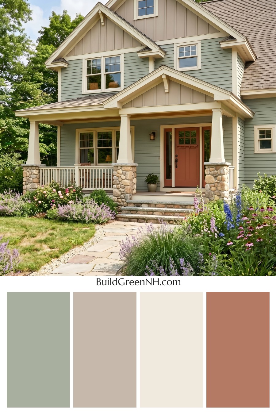 Single Story, 0 Beds, 0 Baths, 0 sq. ft., Sage Green Based Craftsman House Exterior Color Scheme: Meadow Porch Stillness