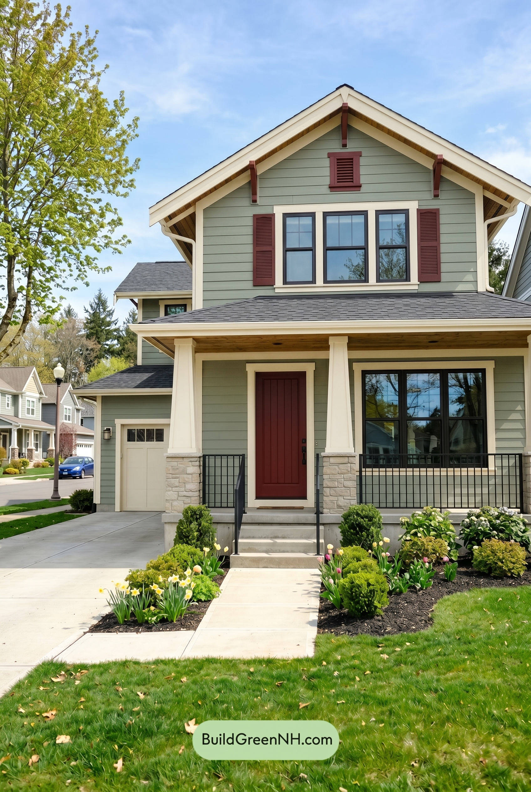 Single Story, 0 Beds, 0 Baths, 0 sq. ft., Sage Green Based Craftsman House Exterior Color Scheme: Muted Green, Cream, Deep Red