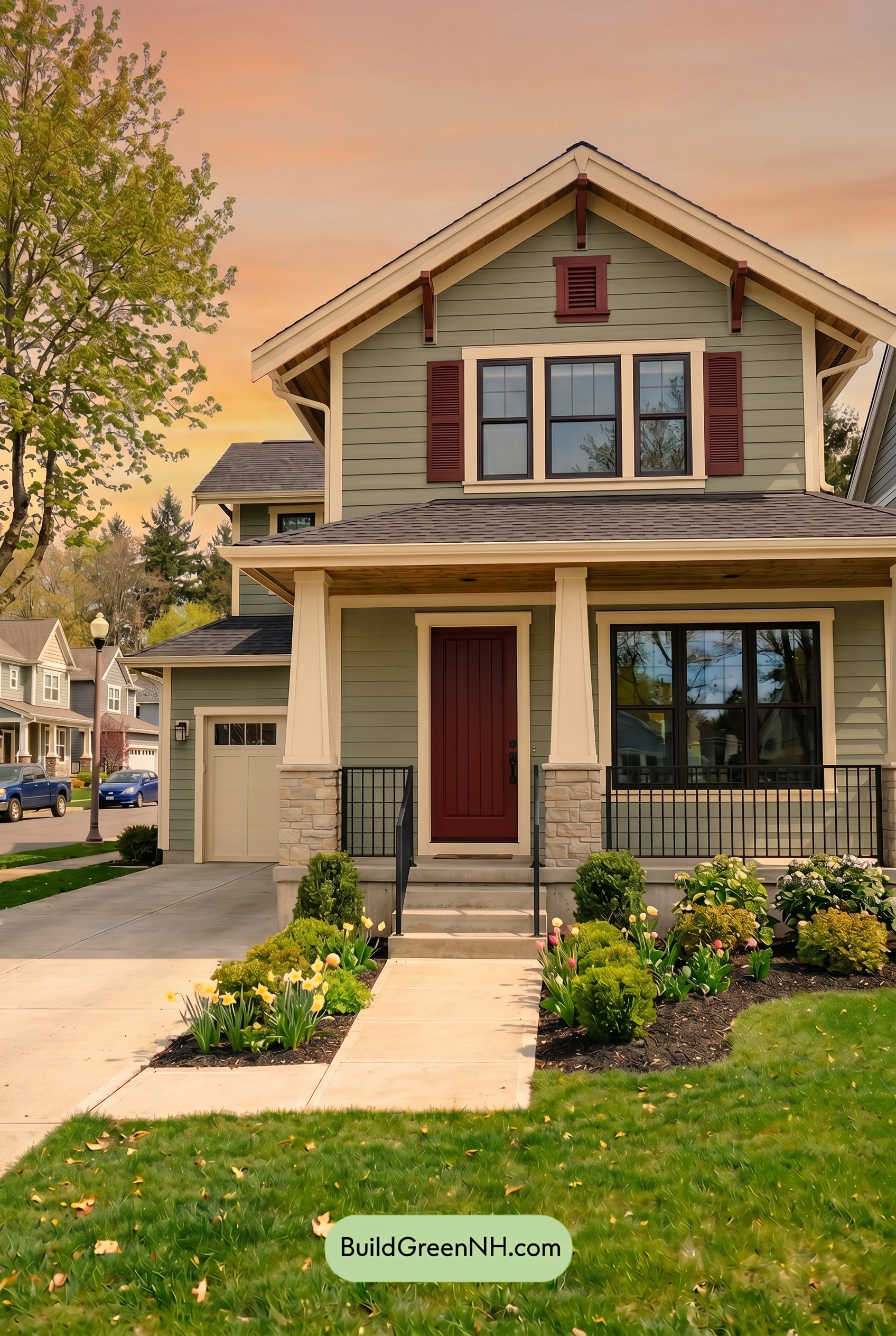 Single Story, 0 Beds, 0 Baths, 0 sq. ft., Sage Green Based Craftsman House Exterior Color Scheme: Muted Green, Cream, Deep Red - Golden Hour