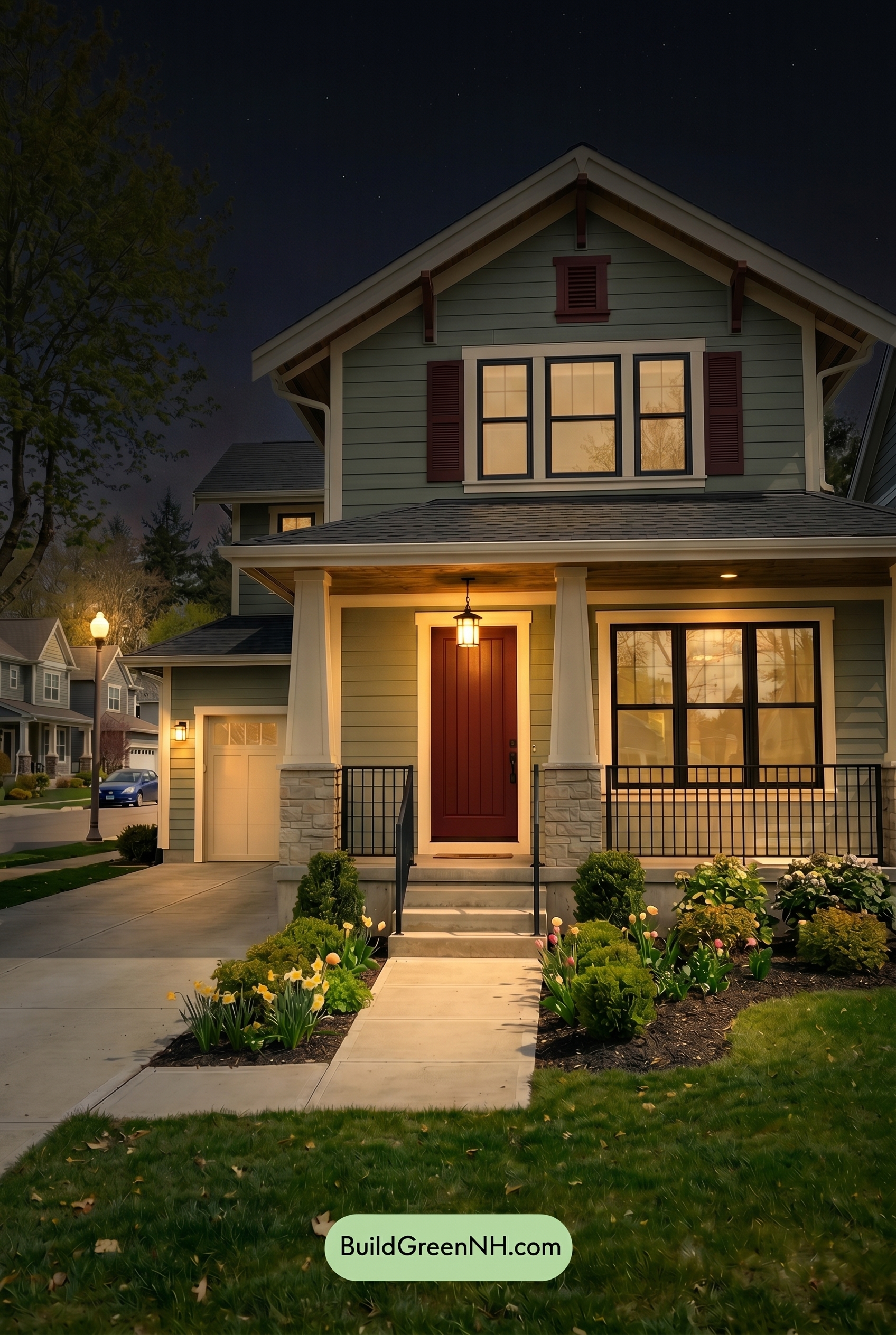 Single Story, 0 Beds, 0 Baths, 0 sq. ft., Sage Green Based Craftsman House Exterior Color Scheme: Muted Green, Cream, Deep Red - Nighttime
