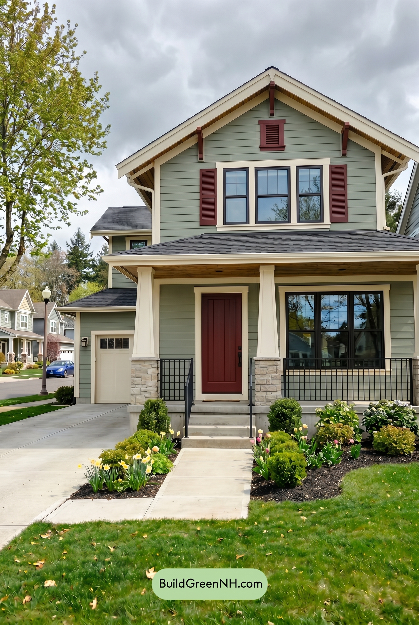 Single Story, 0 Beds, 0 Baths, 0 sq. ft., Sage Green Based Craftsman House Exterior Color Scheme: Muted Green, Cream, Deep Red - Overcast