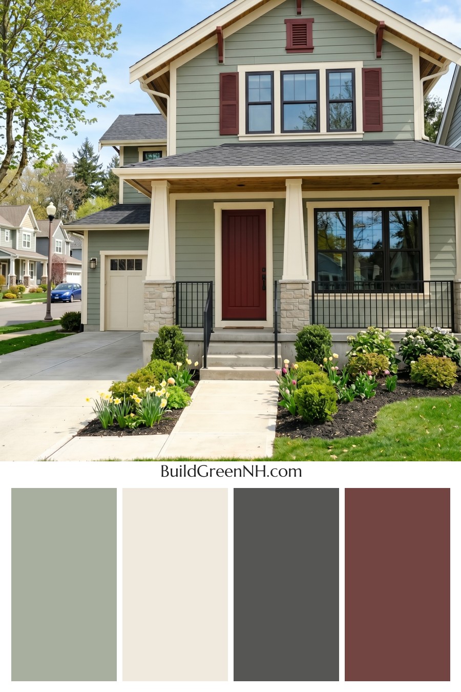 Single Story, 0 Beds, 0 Baths, 0 sq. ft., Sage Green Based Craftsman House Exterior Color Scheme: Muted Green, Cream, Deep Red
