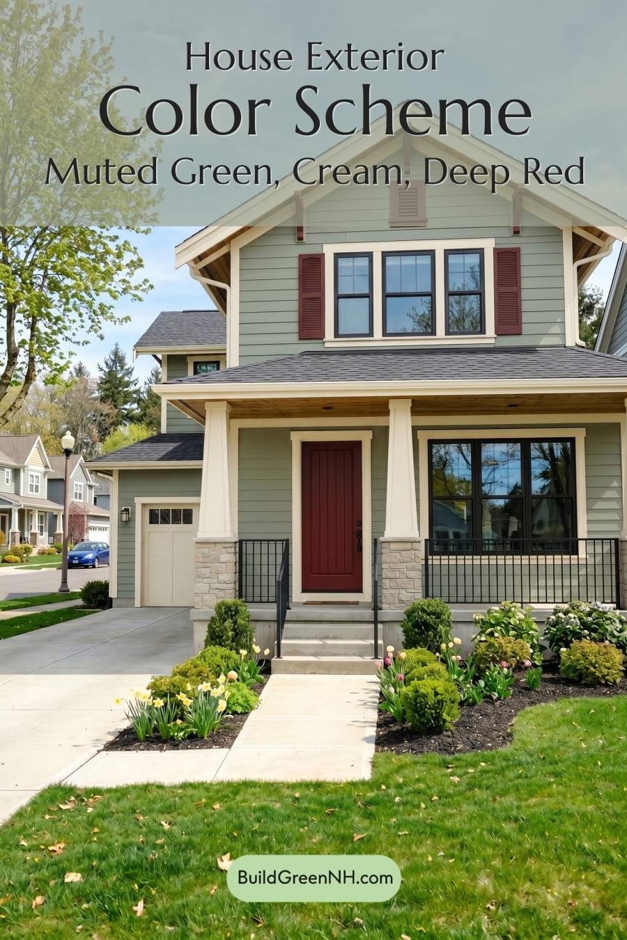 Single Story, 0 Beds, 0 Baths, 0 sq. ft., Sage Green Based Craftsman House Exterior Color Scheme: Muted Green, Cream, Deep Red