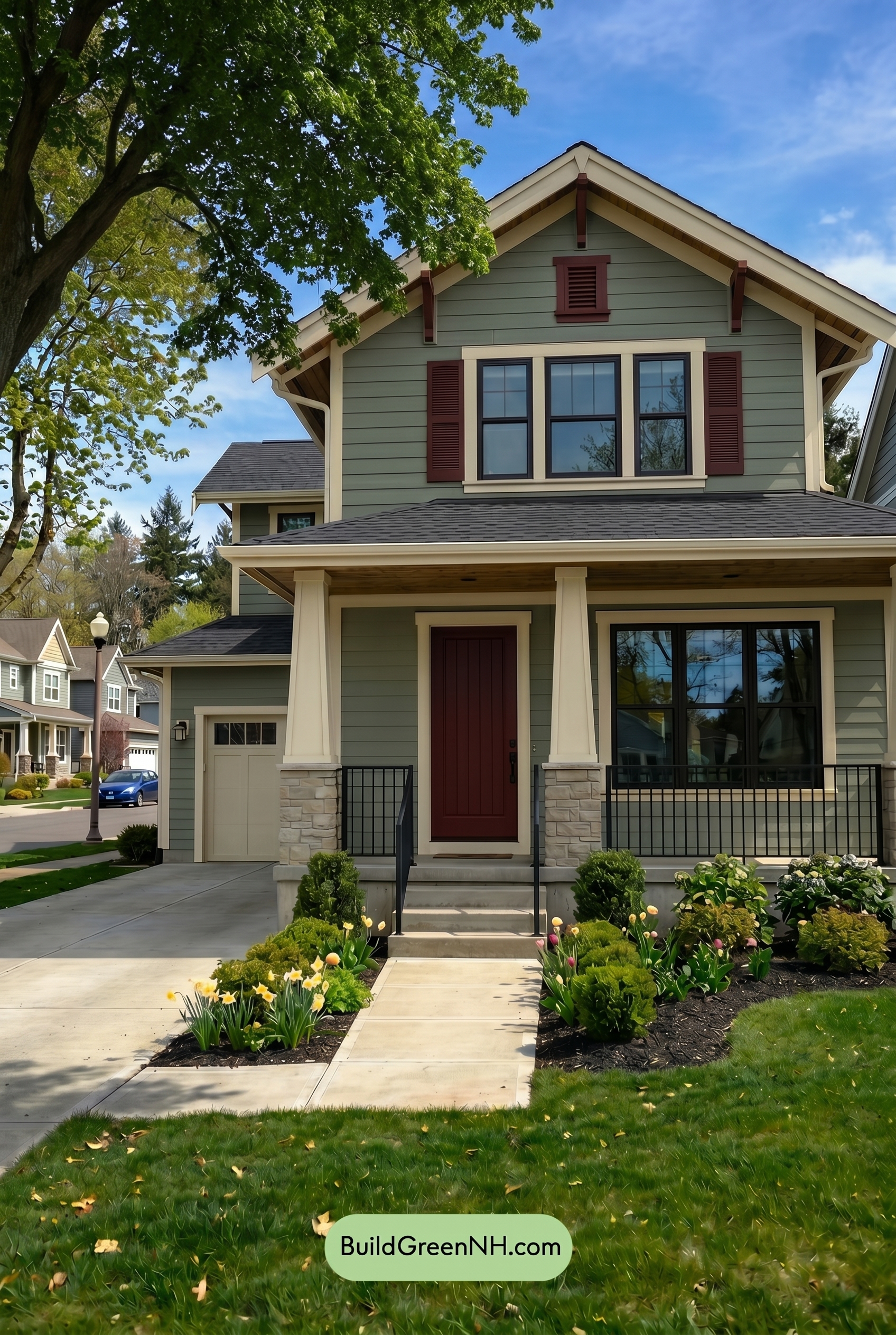 Single Story, 0 Beds, 0 Baths, 0 sq. ft., Sage Green Based Craftsman House Exterior Color Scheme: Muted Green, Cream, Deep Red - Shade