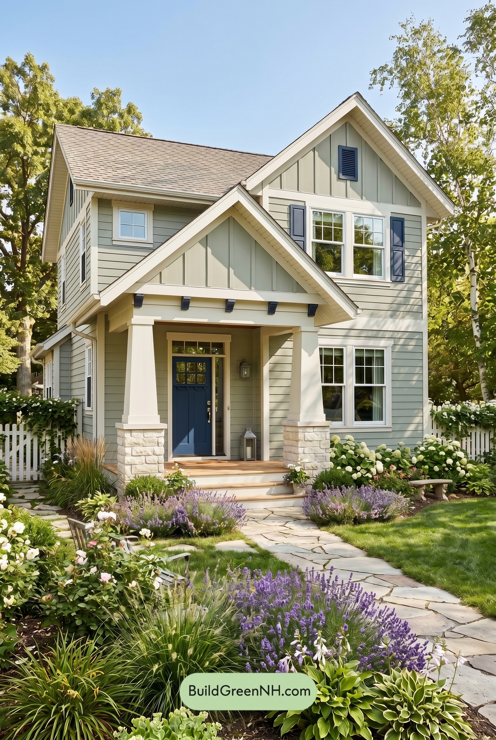 Single Story, 0 Beds, 0 Baths, 0 sq. ft., Sage Green Based Craftsman House Exterior Color Scheme: Pale Green, Soft White, Dark Blue