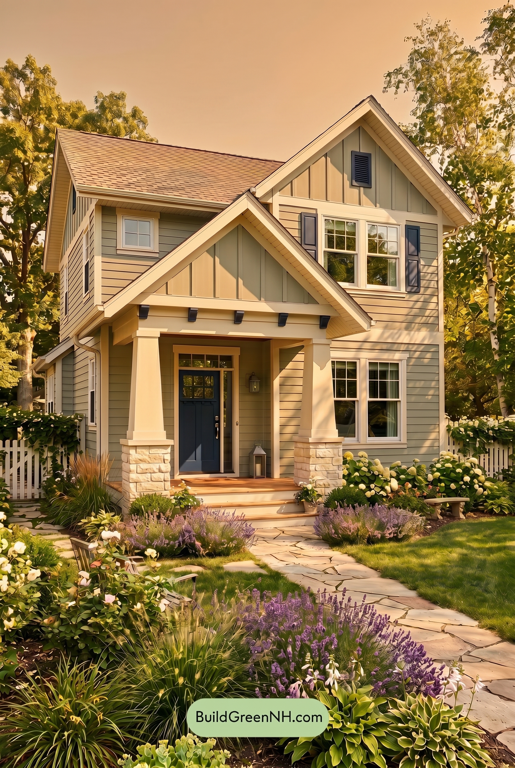 Single Story, 0 Beds, 0 Baths, 0 sq. ft., Sage Green Based Craftsman House Exterior Color Scheme: Pale Green, Soft White, Dark Blue - Golden Hour
