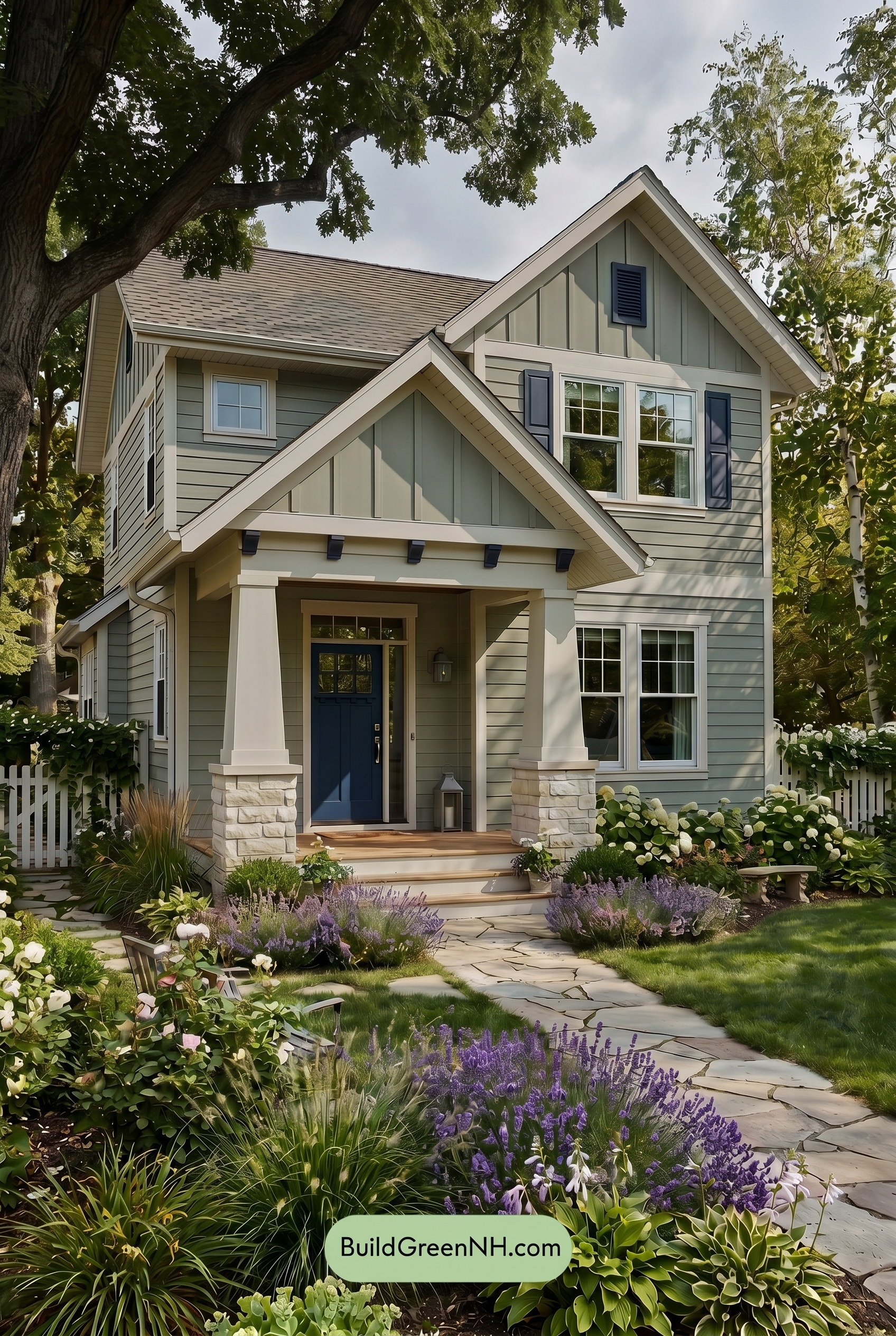 Single Story, 0 Beds, 0 Baths, 0 sq. ft., Sage Green Based Craftsman House Exterior Color Scheme: Pale Green, Soft White, Dark Blue - Shade