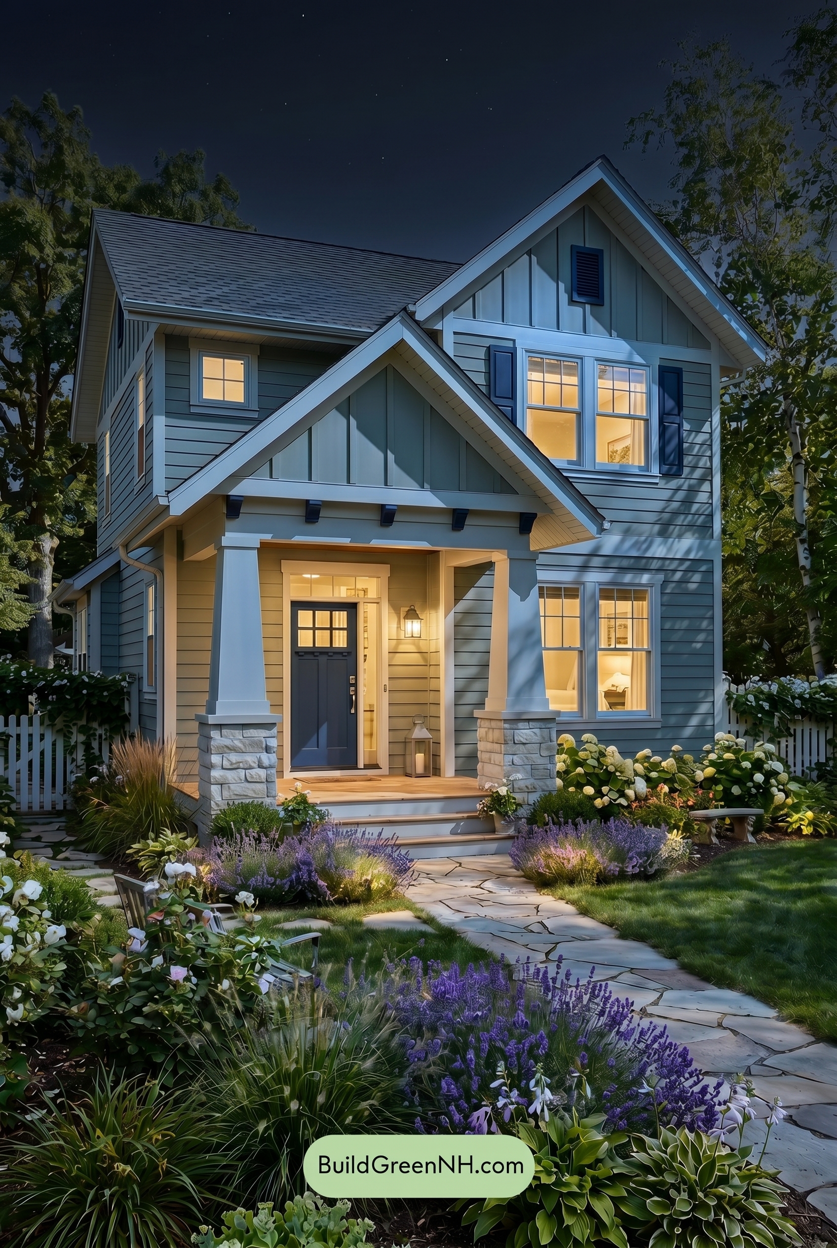 Single Story, 0 Beds, 0 Baths, 0 sq. ft., Sage Green Based Craftsman House Exterior Color Scheme: Pale Green, Soft White, Dark Blue - Nighttime