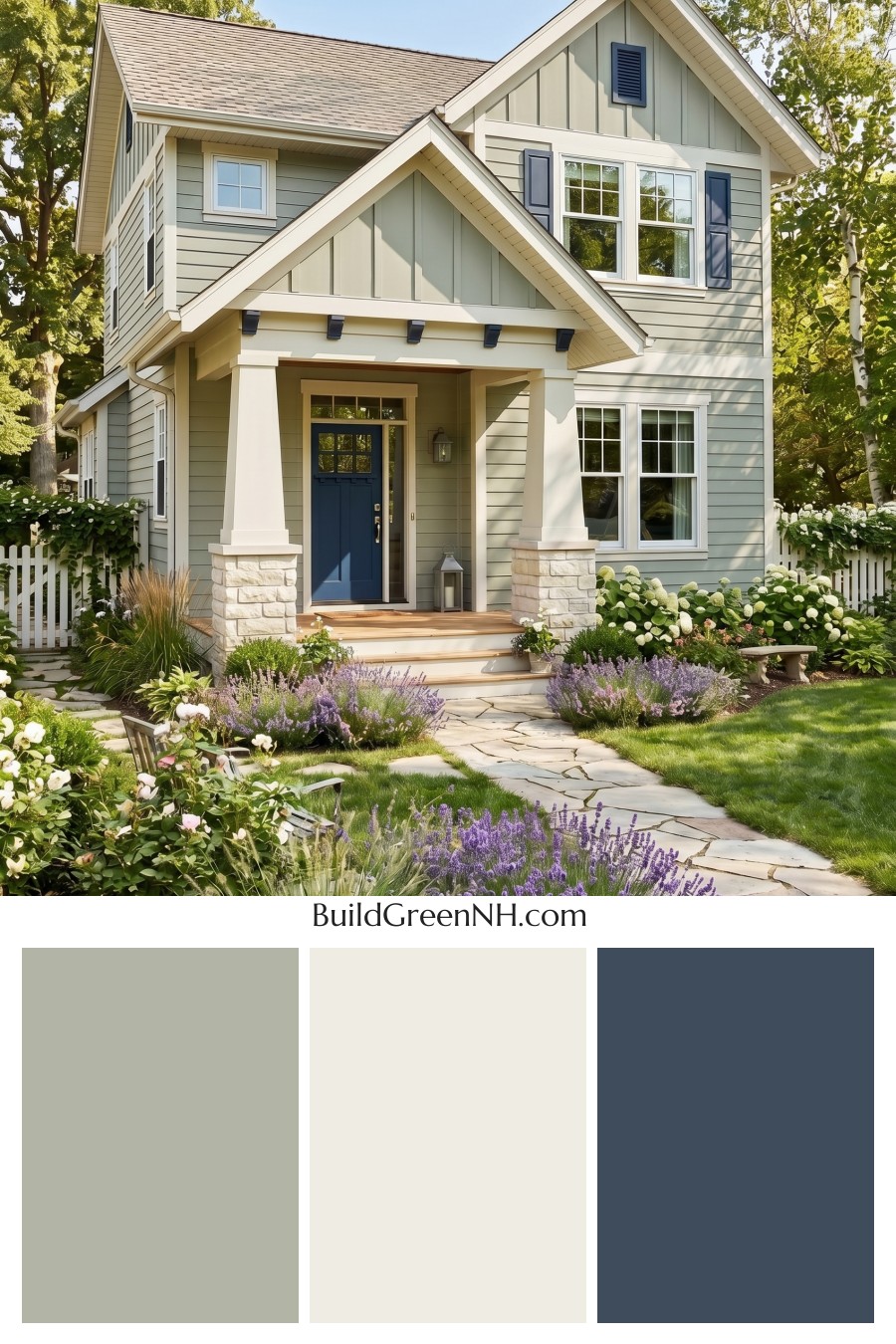Single Story, 0 Beds, 0 Baths, 0 sq. ft., Sage Green Based Craftsman House Exterior Color Scheme: Pale Green, Soft White, Dark Blue