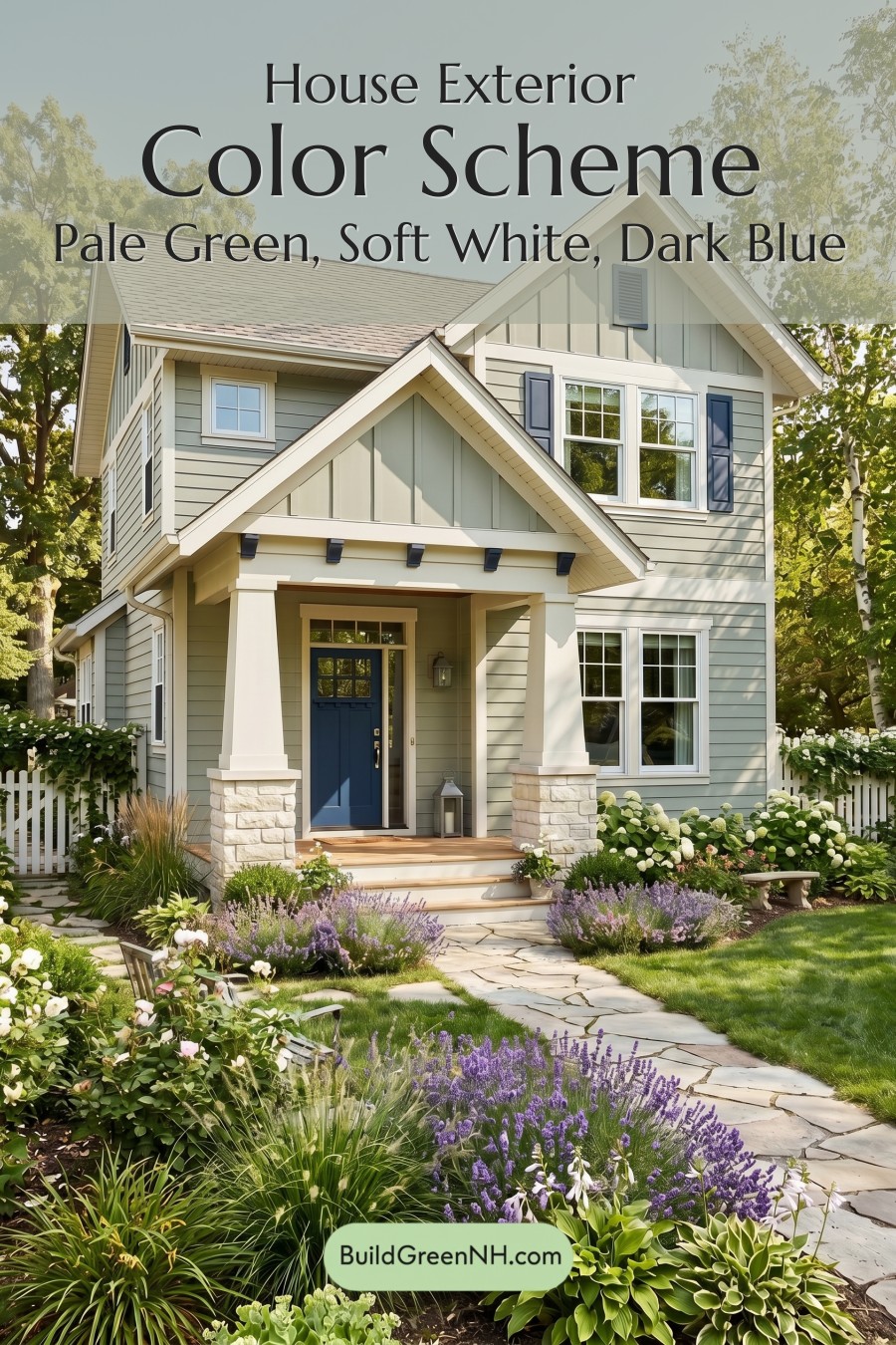 Single Story, 0 Beds, 0 Baths, 0 sq. ft., Sage Green Based Craftsman House Exterior Color Scheme: Pale Green, Soft White, Dark Blue