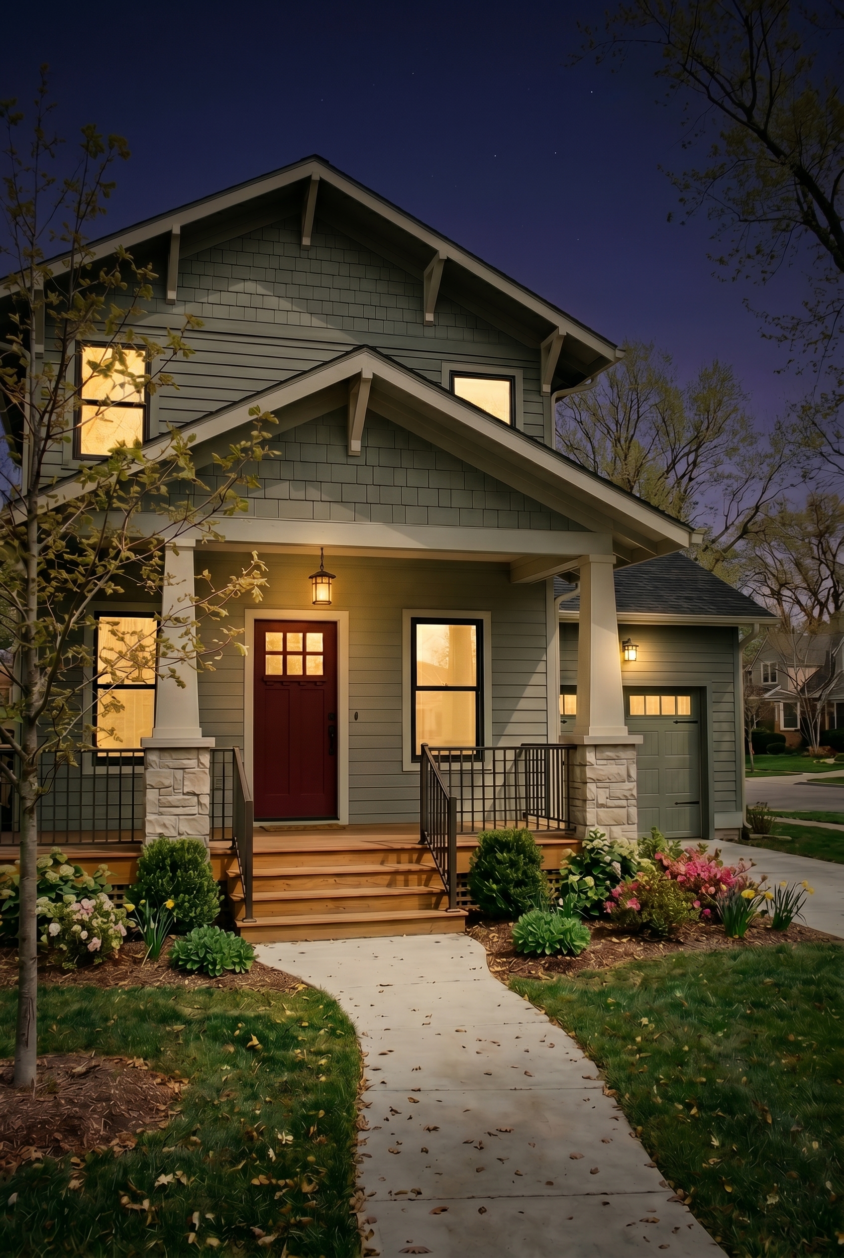 Single Story, 0 Beds, 0 Baths, 0 sq. ft., Sage Green Based Craftsman House Exterior Color Scheme: Quiet Hearth Welcome - Nighttime