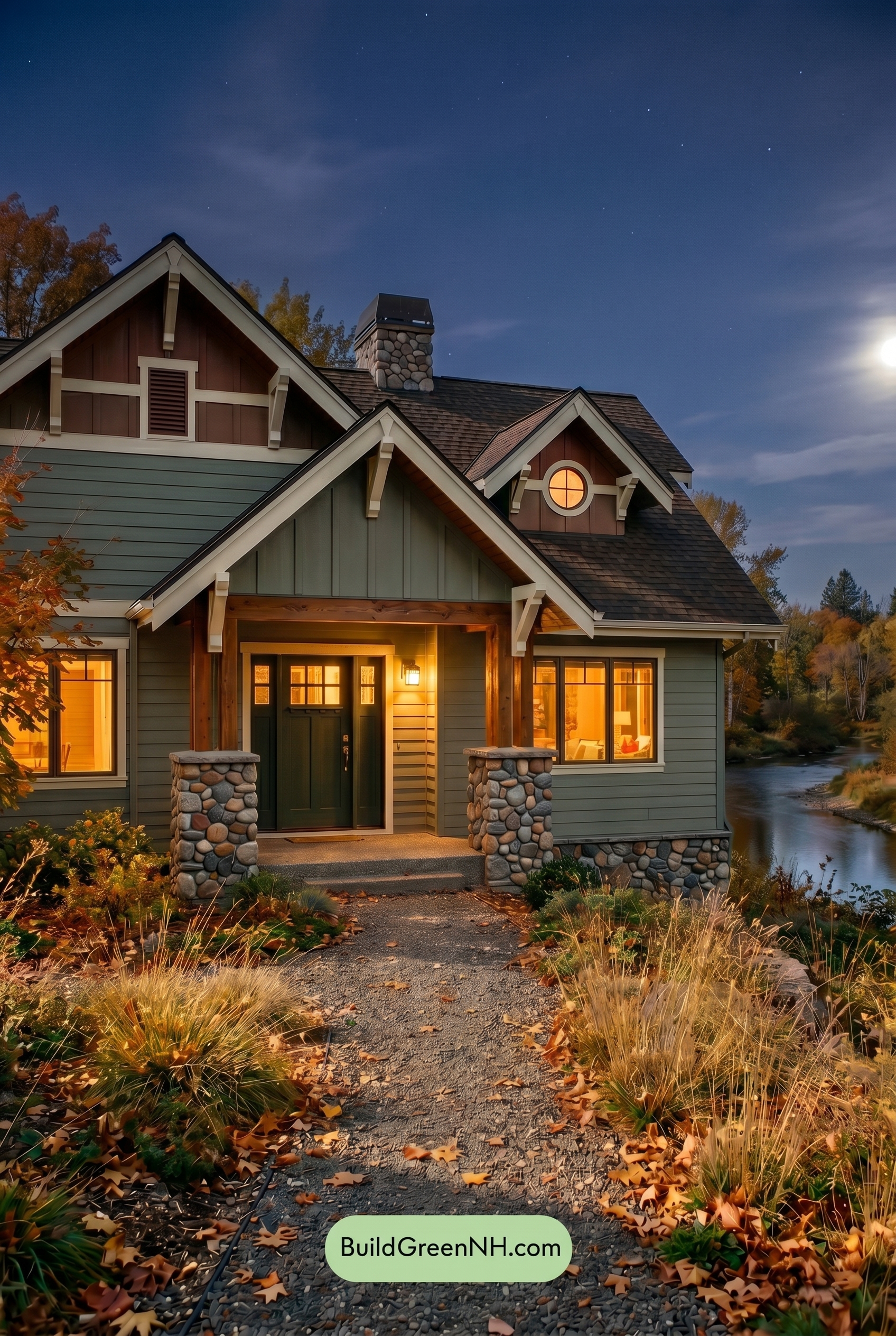Single Story, 0 Beds, 0 Baths, 0 sq. ft., Sage Green Based Craftsman House Exterior Color Scheme: Riverstone Morning Ease - Nighttime