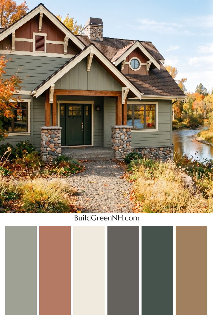 Single Story, 0 Beds, 0 Baths, 0 sq. ft., Sage Green Based Craftsman House Exterior Color Scheme: Riverstone Morning Ease