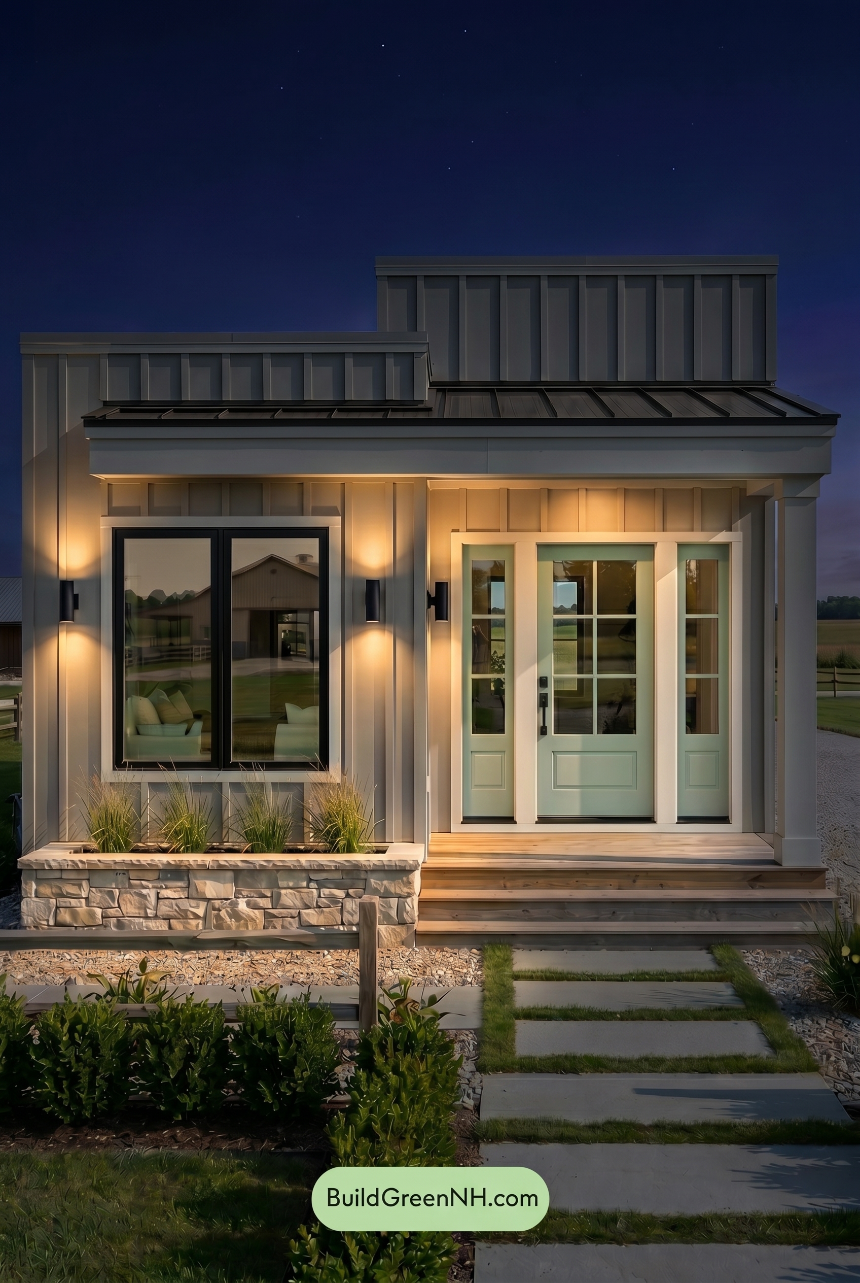 Small Modern Light Grey Exterior Color Scheme: Ash Grey Sage - Nighttime