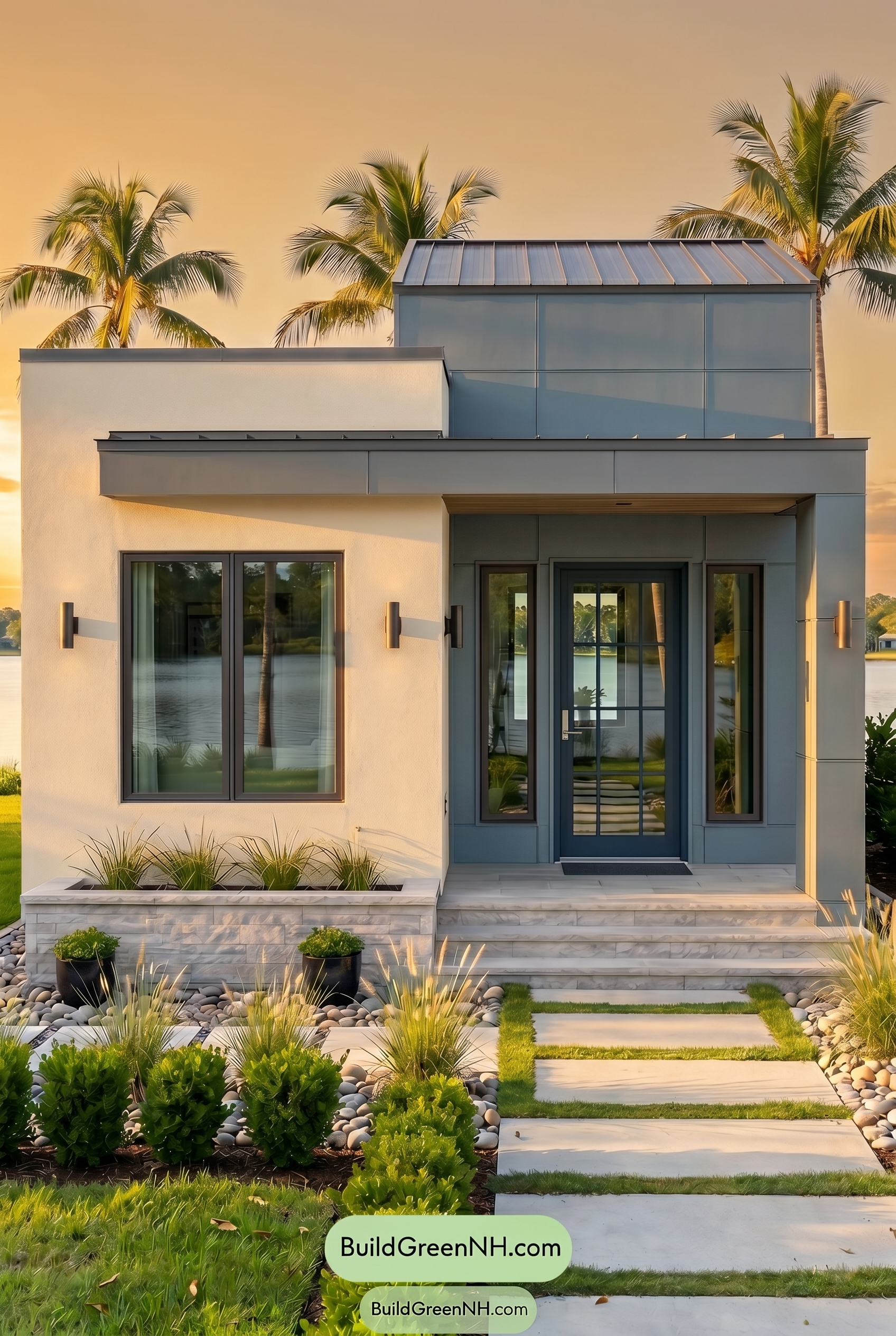 Small Modern Light Grey Exterior Color Scheme: Cool Grey Stillness - Golden Hour