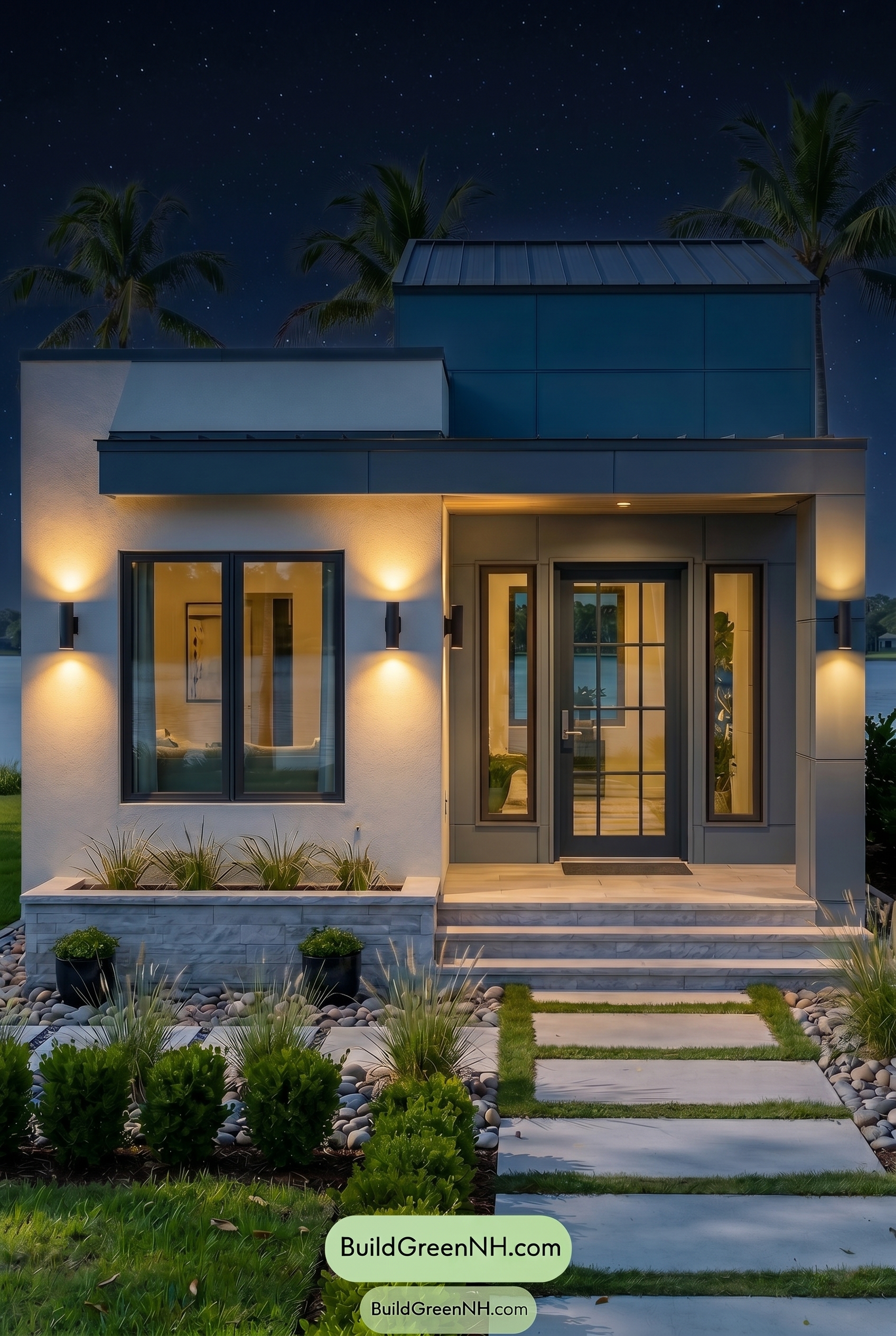 Small Modern Light Grey Exterior Color Scheme: Cool Grey Stillness - Nighttime