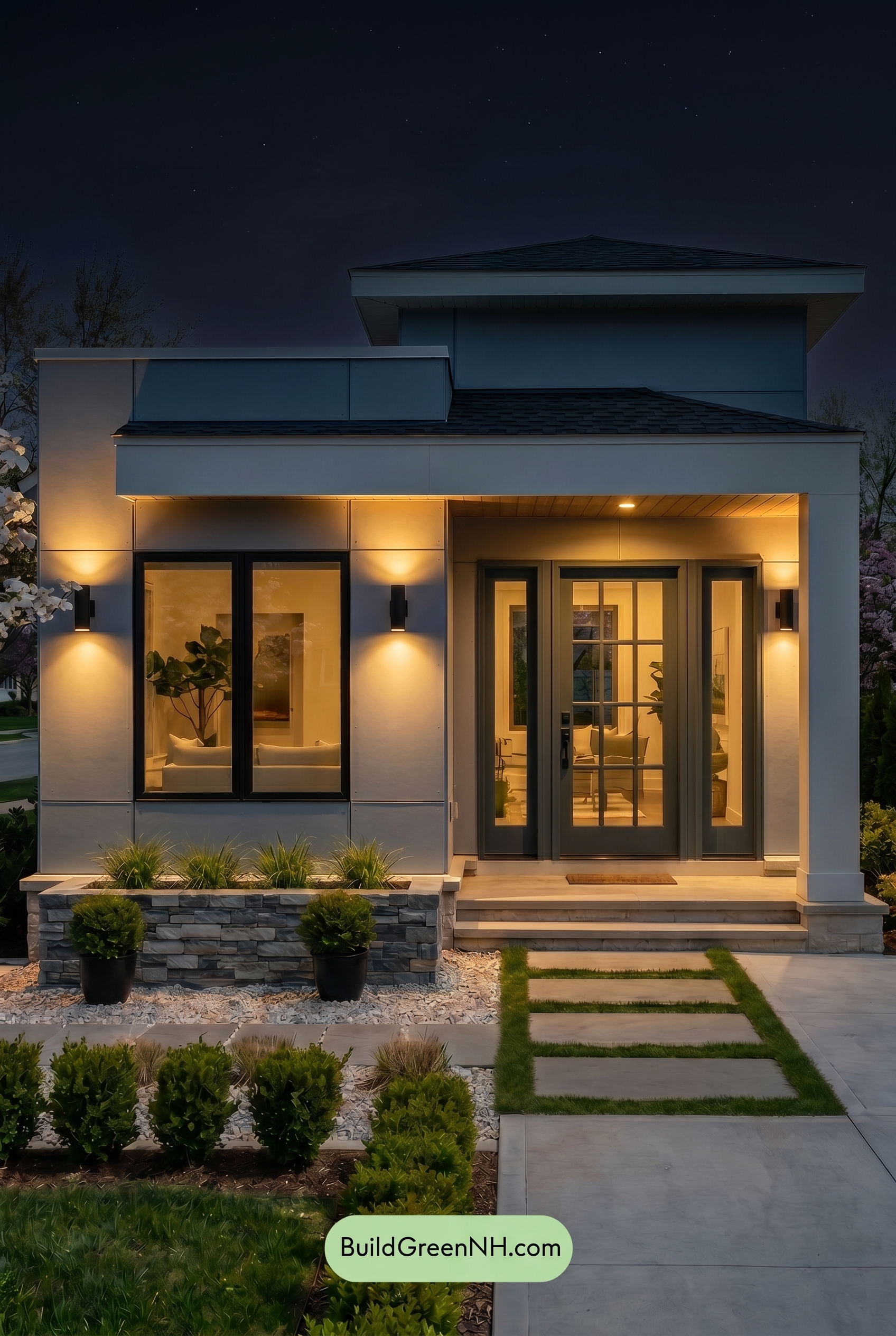 Small Modern Light Grey Exterior Color Scheme: Dove Grey Teal - Nighttime