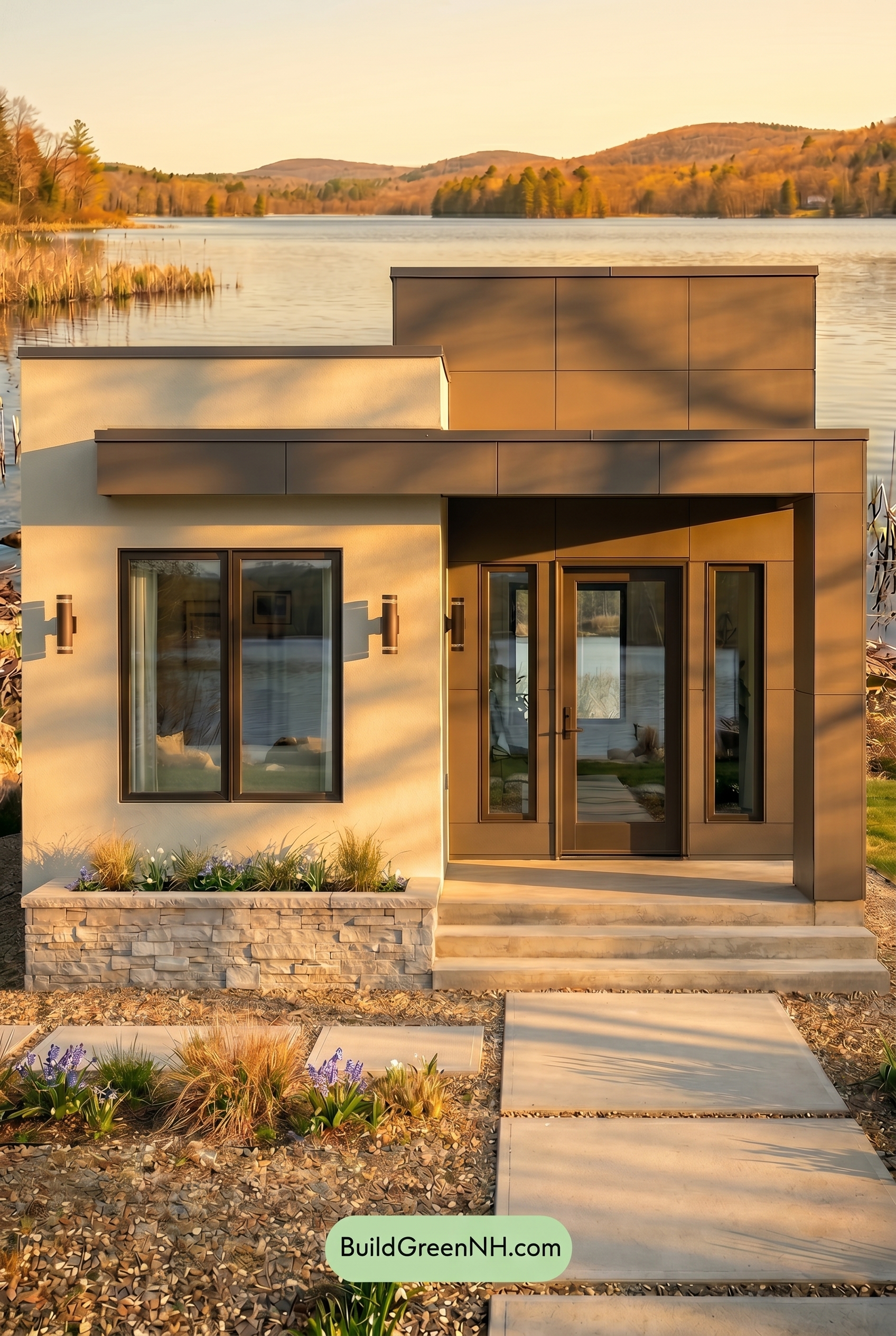Small Modern Light Grey Exterior Color Scheme: Misty Stone Balance - Golden Hour