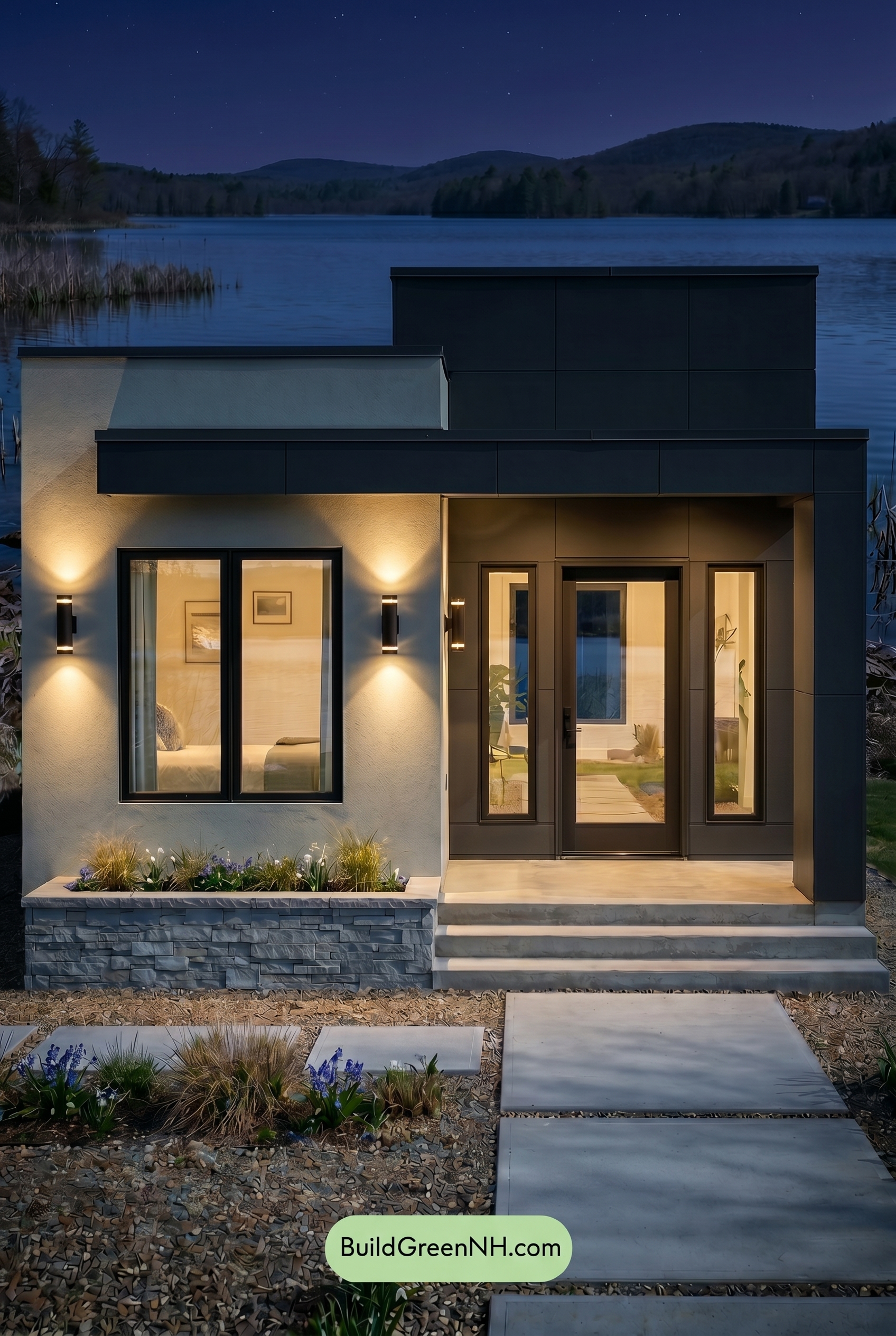 Small Modern Light Grey Exterior Color Scheme: Misty Stone Balance - Nighttime